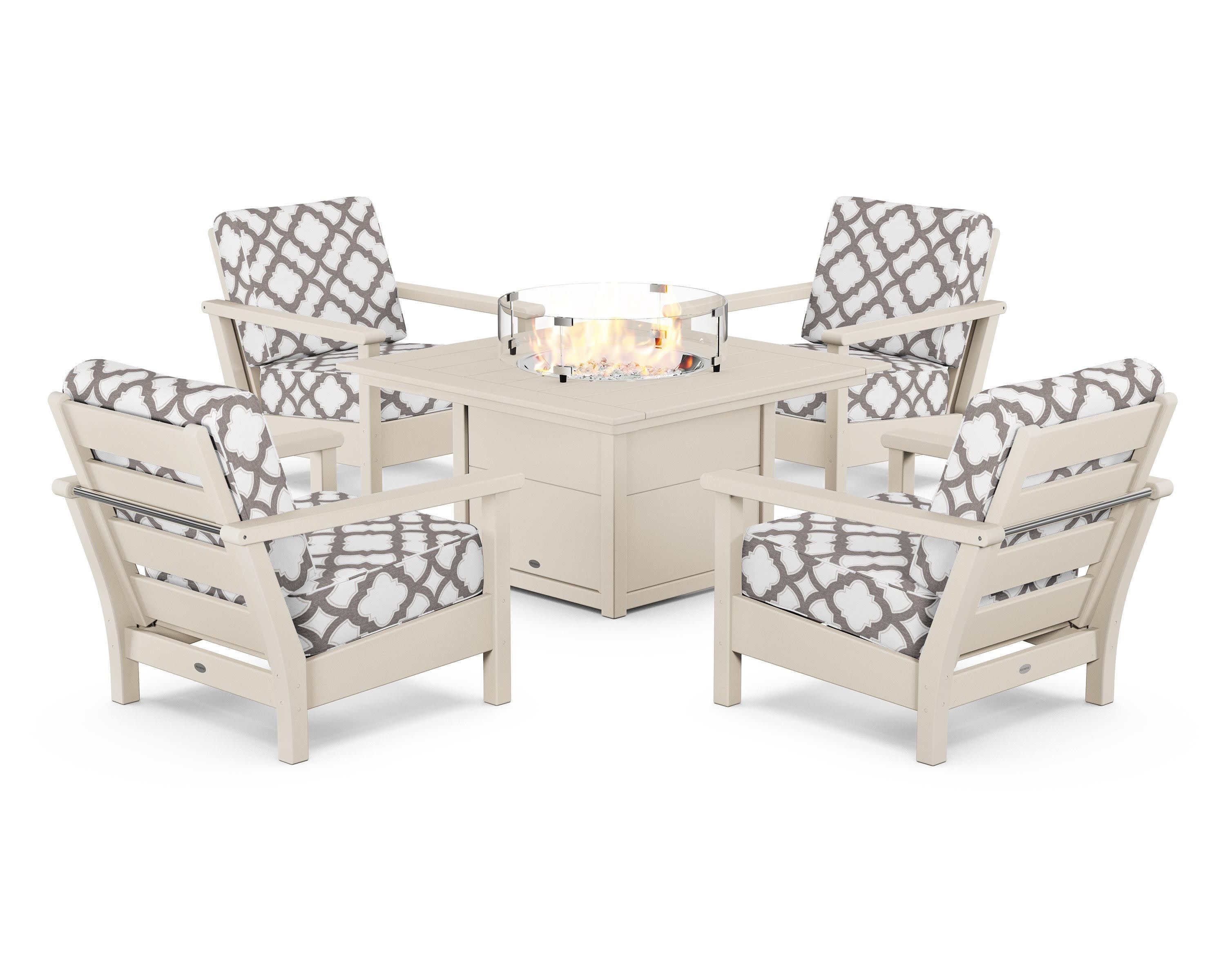 Harbour 5-Piece Conversation Set with Fire Pit Table in Sand / Trellis Grey Mist