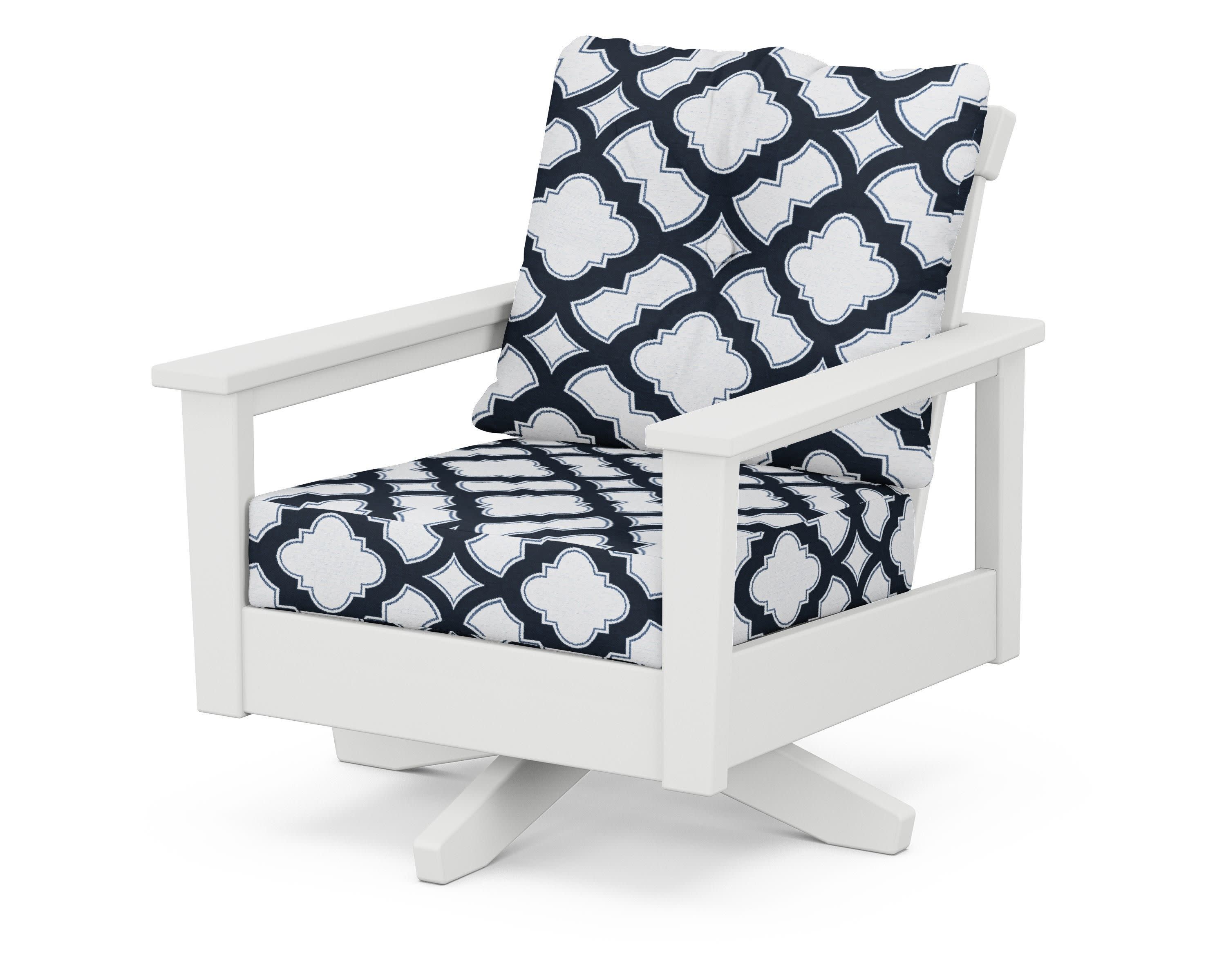 Prescott Deep Seating Swivel Chair in White / Trellis Marine Indigo
