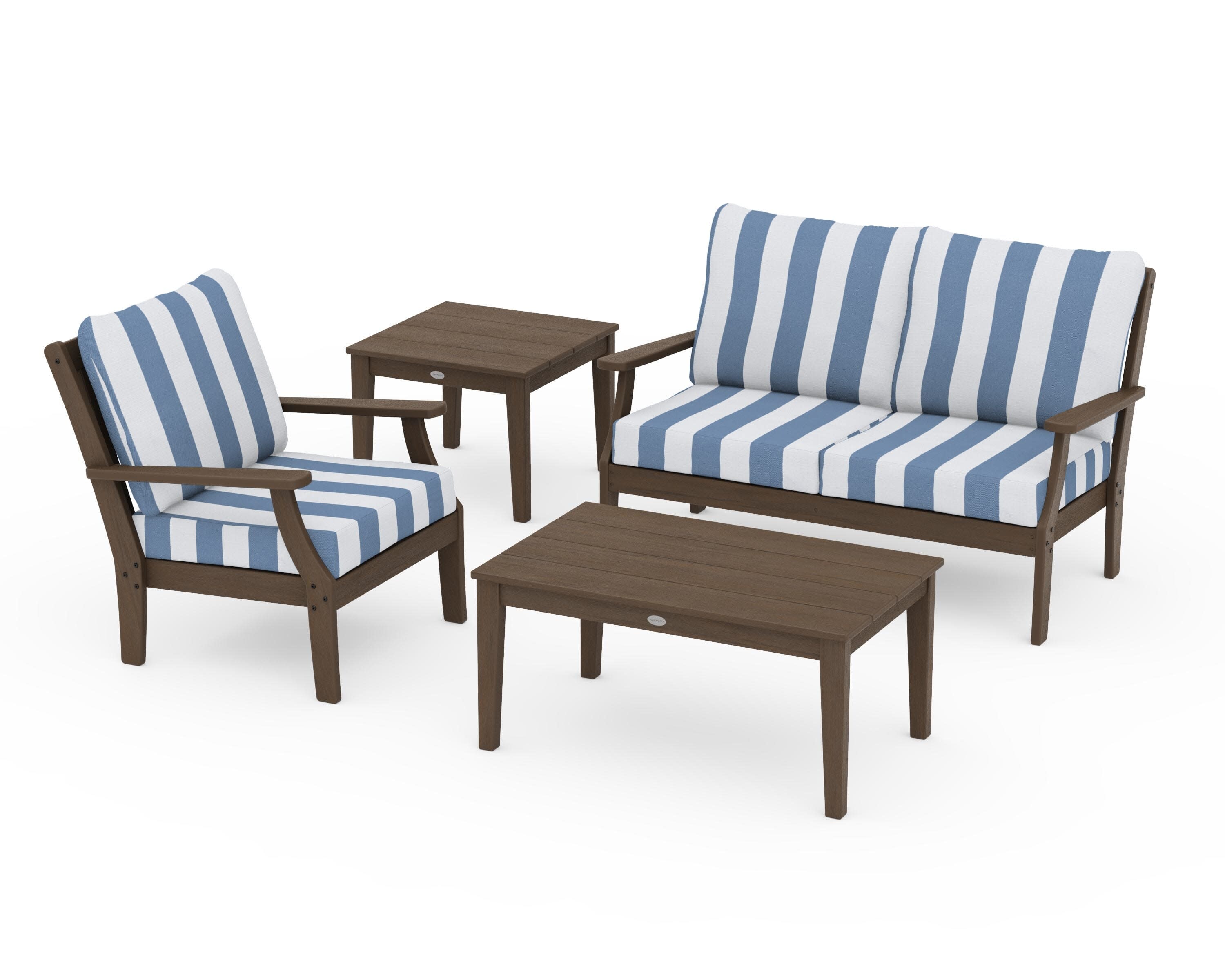 Braxton 4-Piece Deep Seating Set in Kona / Cabana Stripe Sky Blue