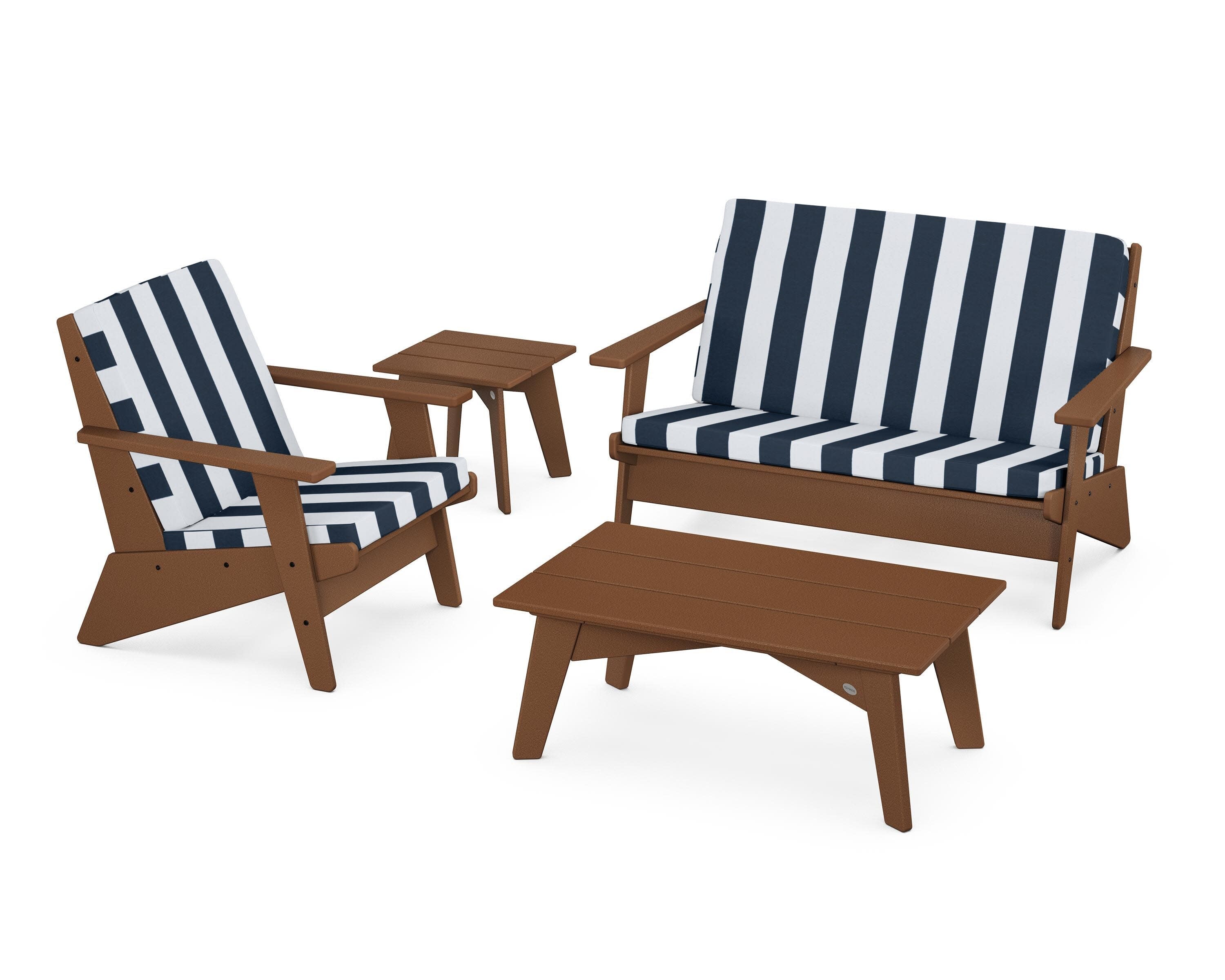 Riviera Modern Lounge 4-Piece Set in Teak / Cabana Stripe Marine Indigo