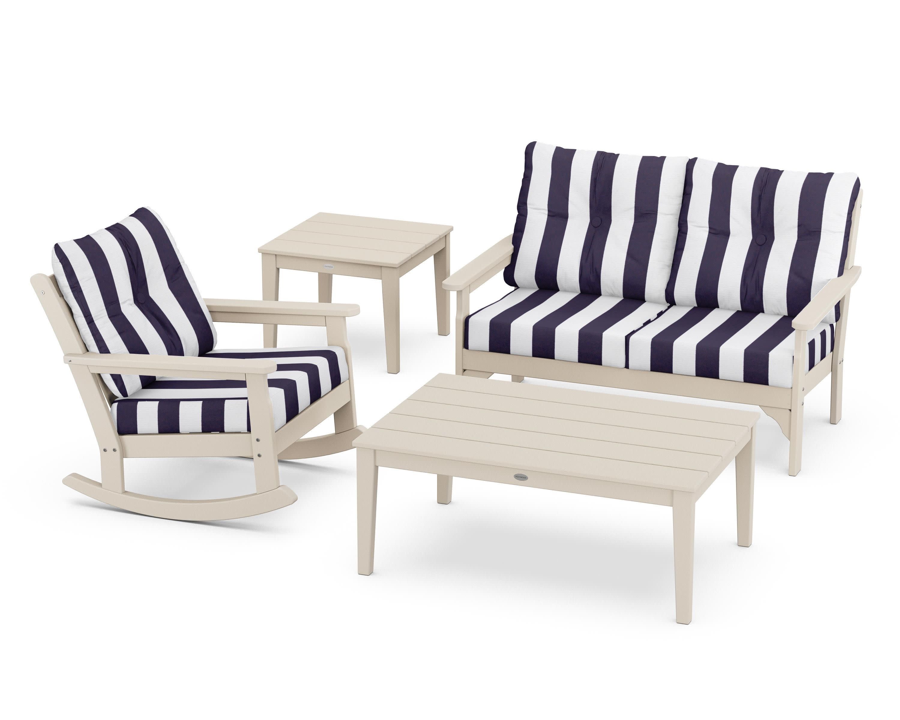 Vineyard 4-Piece Deep Seating Rocker Set in Sand / Cabana Stripe Navy