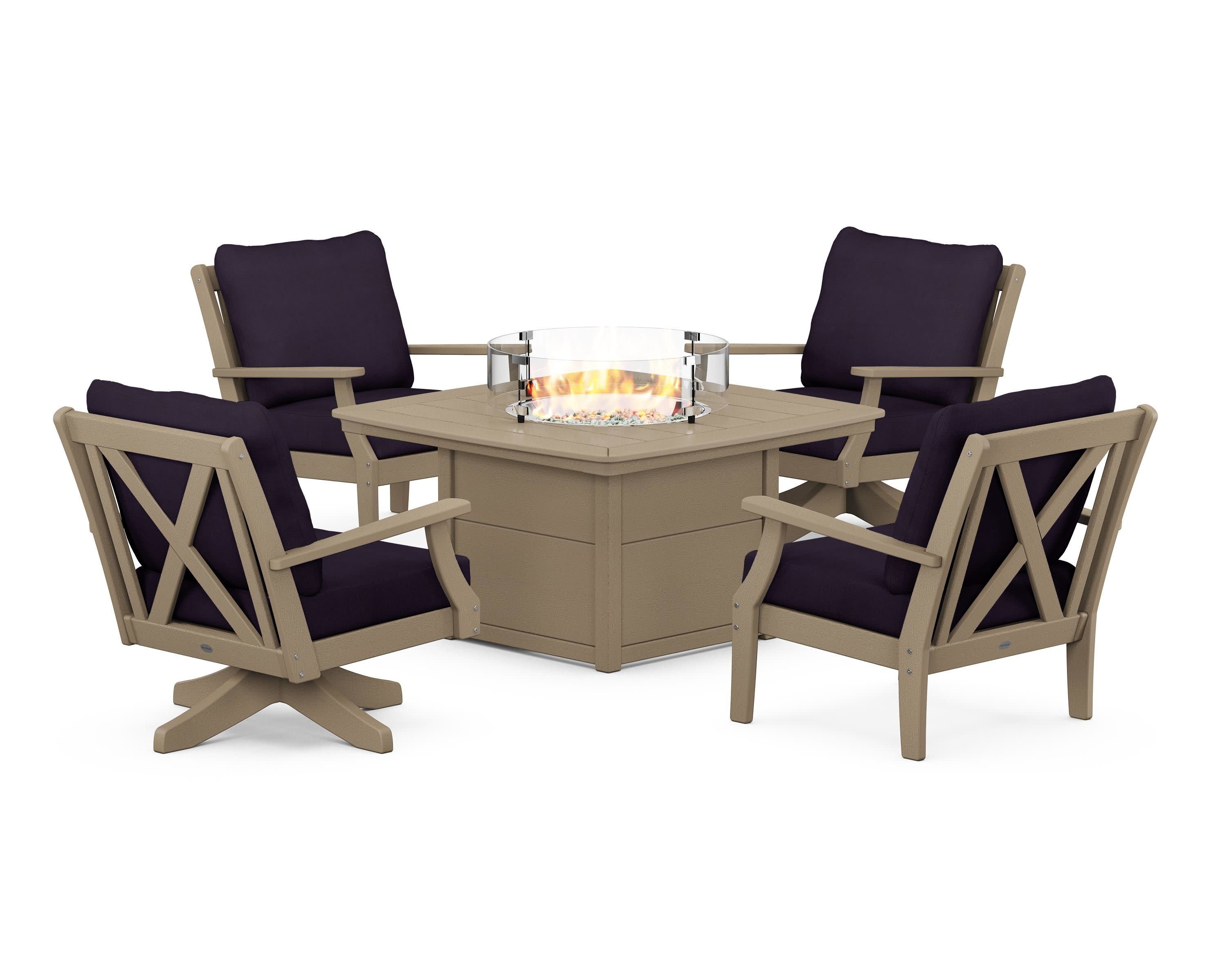 Braxton 5-Piece Deep Seating Set with Fire Table in Vintage Sahara / Navy Linen