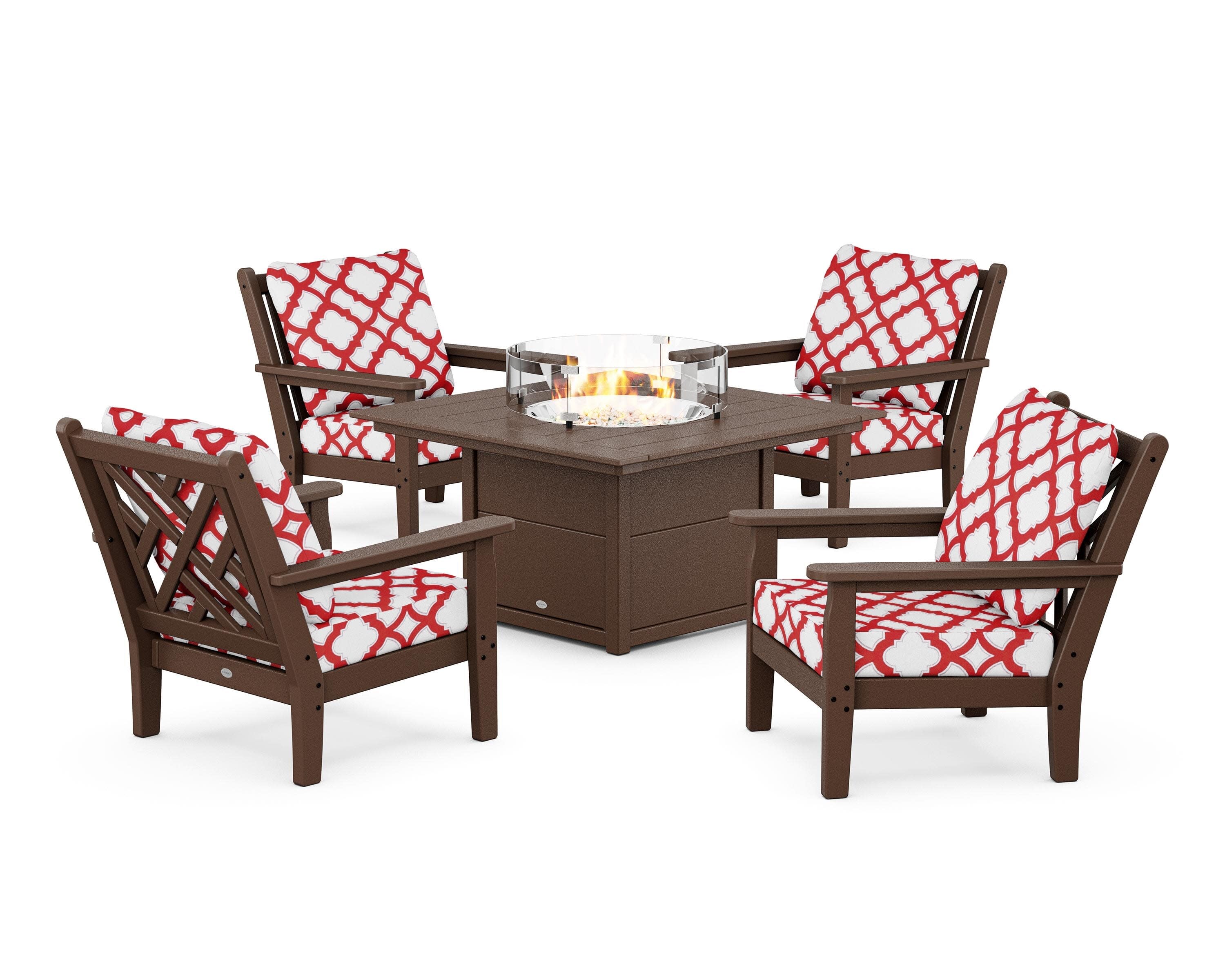 Chippendale 5-Piece Deep Seating Set with Fire Pit Table in Mahogany / Trellis Crimson