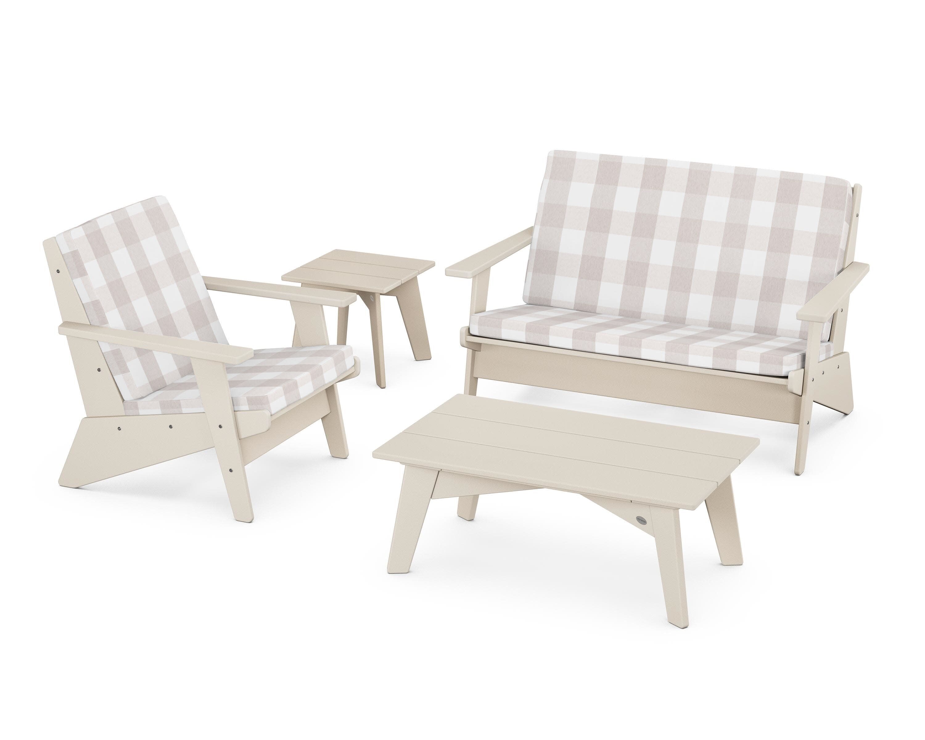 Riviera Modern Lounge 4-Piece Set in Sand / Buffalo Plaid Dune Burlap