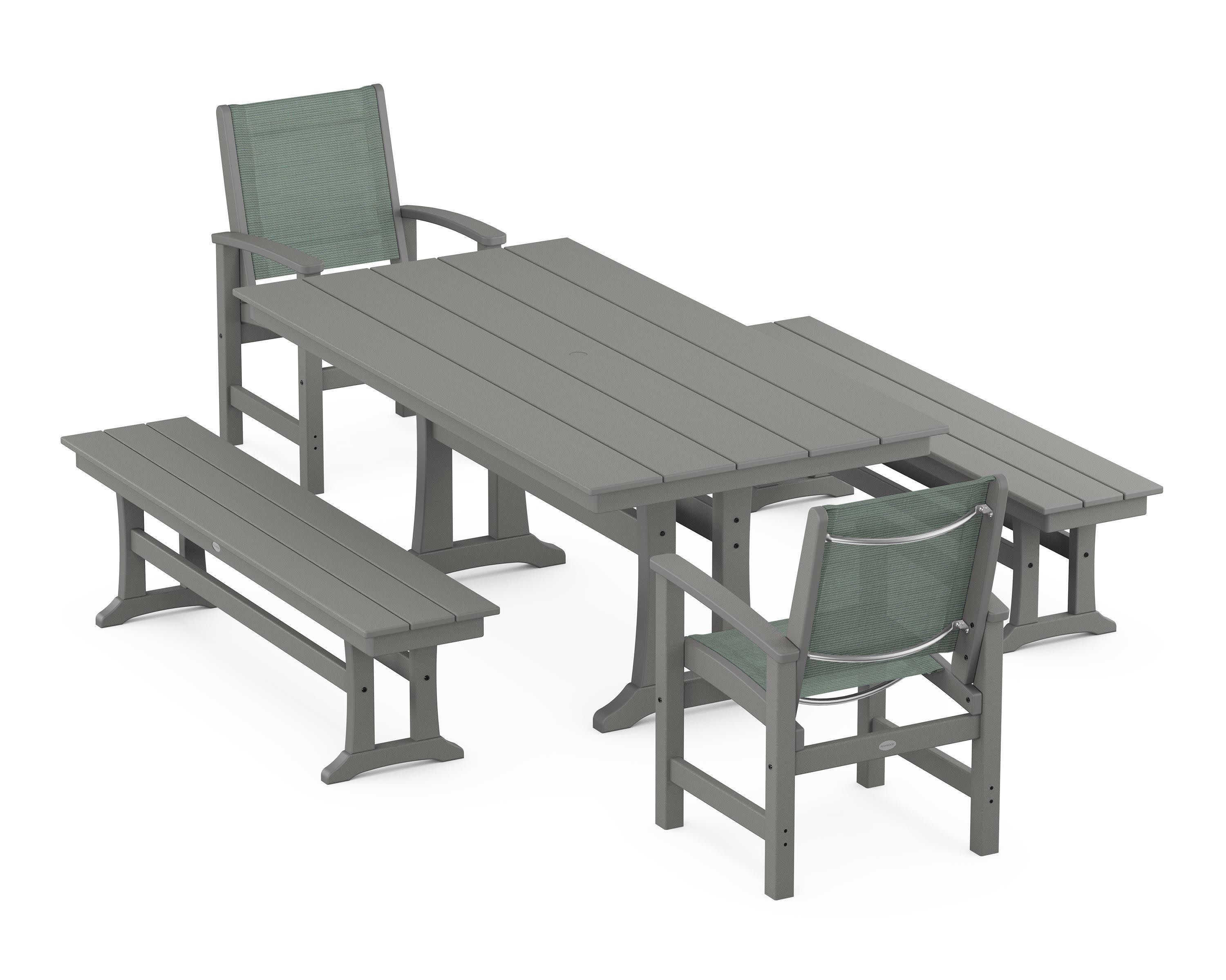 Coastal 5-Piece Farmhouse Dining Set with Trestle Legs and Benches in Slate Grey / Dupioni Sea Mist Sling