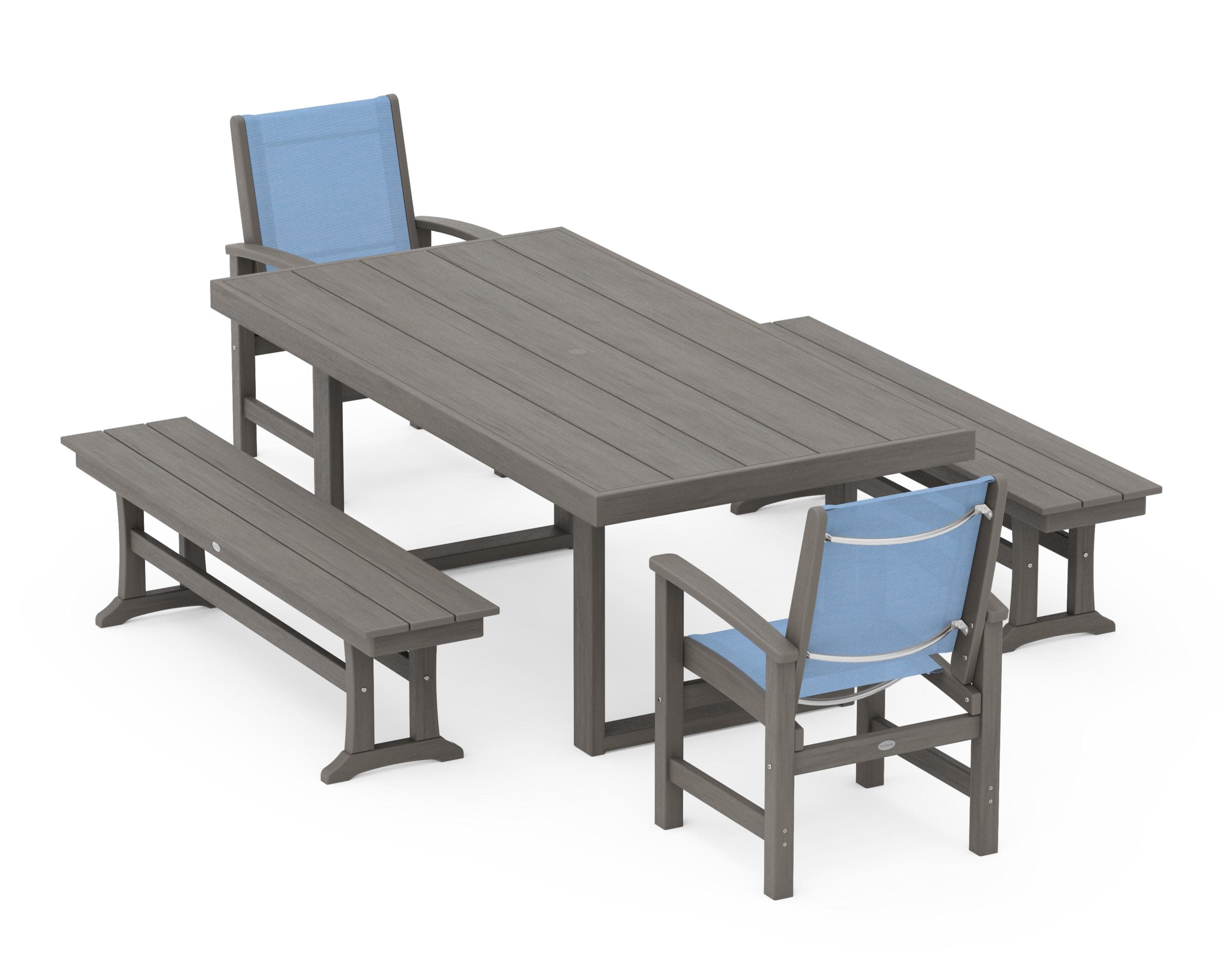 Coastal 5-Piece Dining Set with Trestle Legs in Driftwood / Poolside Sling