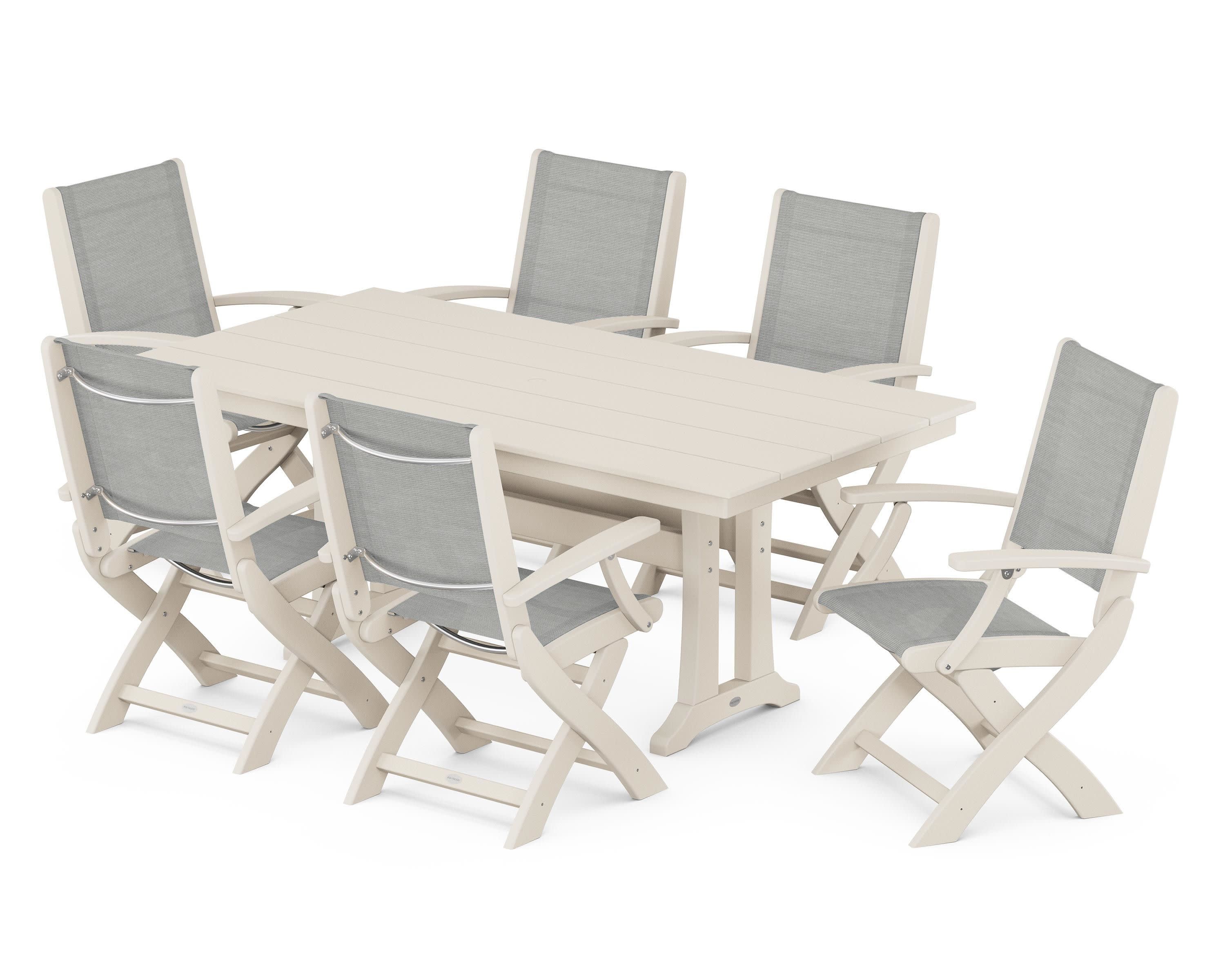 Coastal Folding Arm Chair 7-Piece Farmhouse Dining Set with Trestle Legs in Sand / Metallic Sling