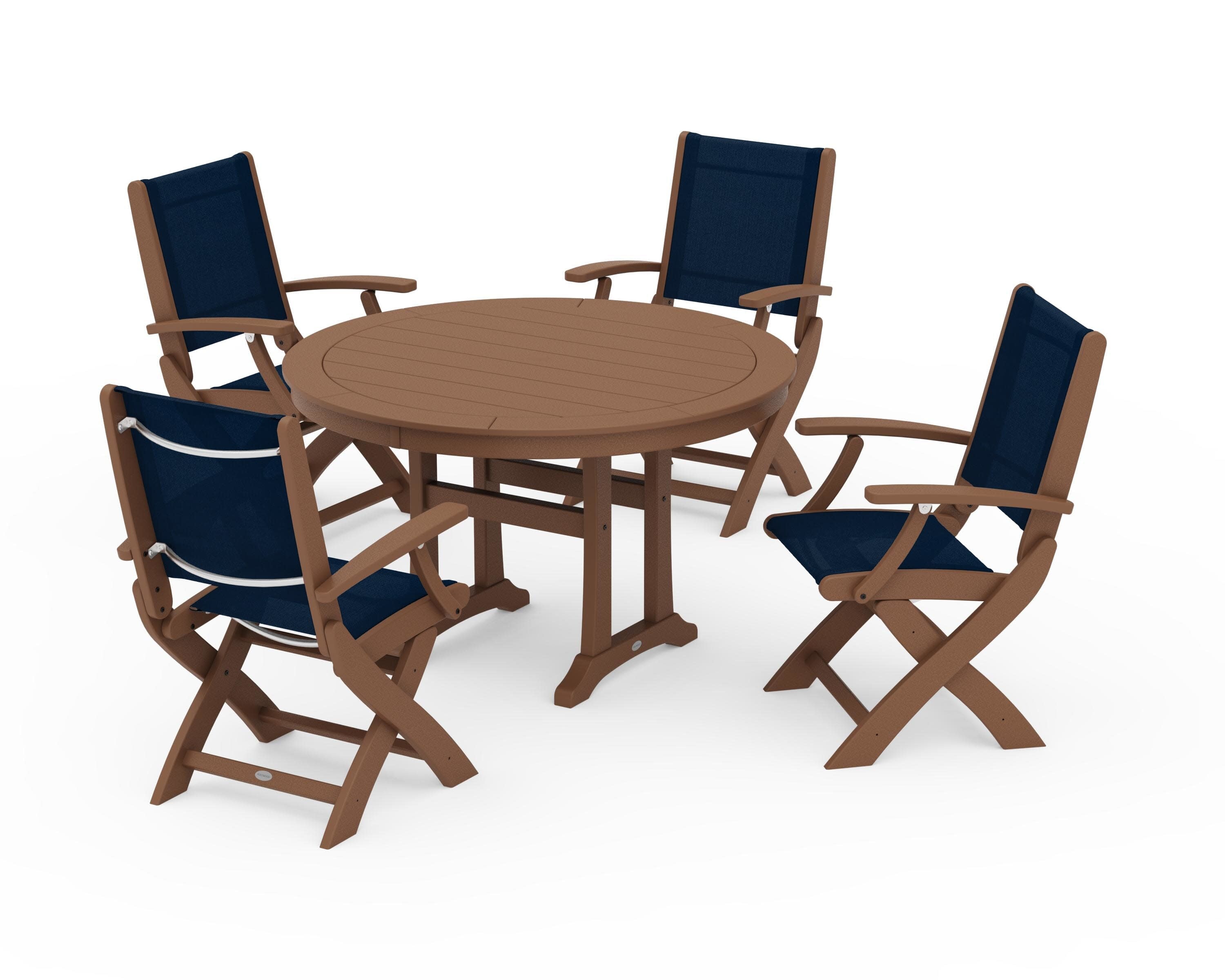 Coastal Folding Chair 5-Piece Round Dining Set with Trestle Legs in Teak / Navy Blue Sling