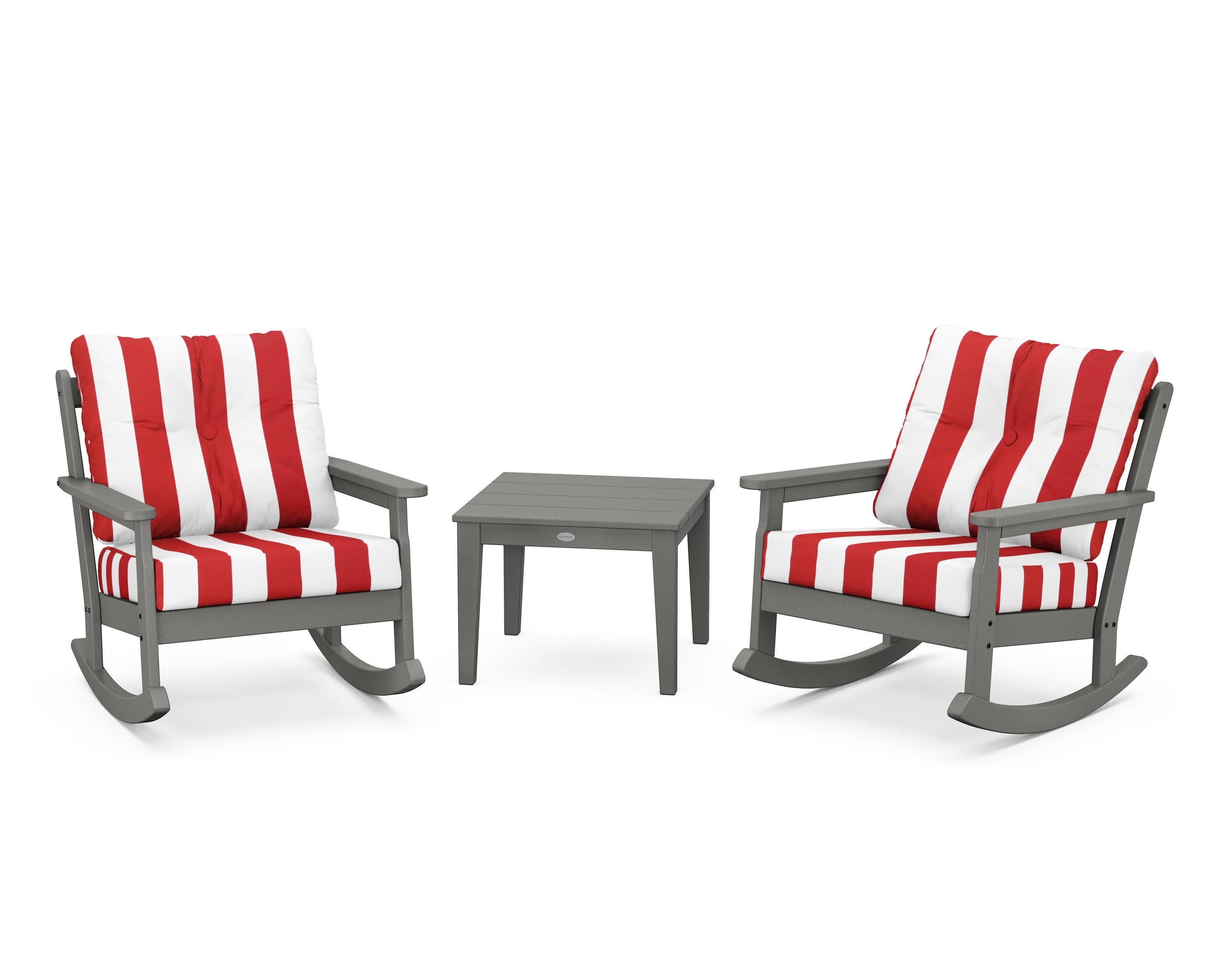 Vineyard 3-Piece Deep Seating Rocker Set in Slate Grey / Cabana Stripe Crimson