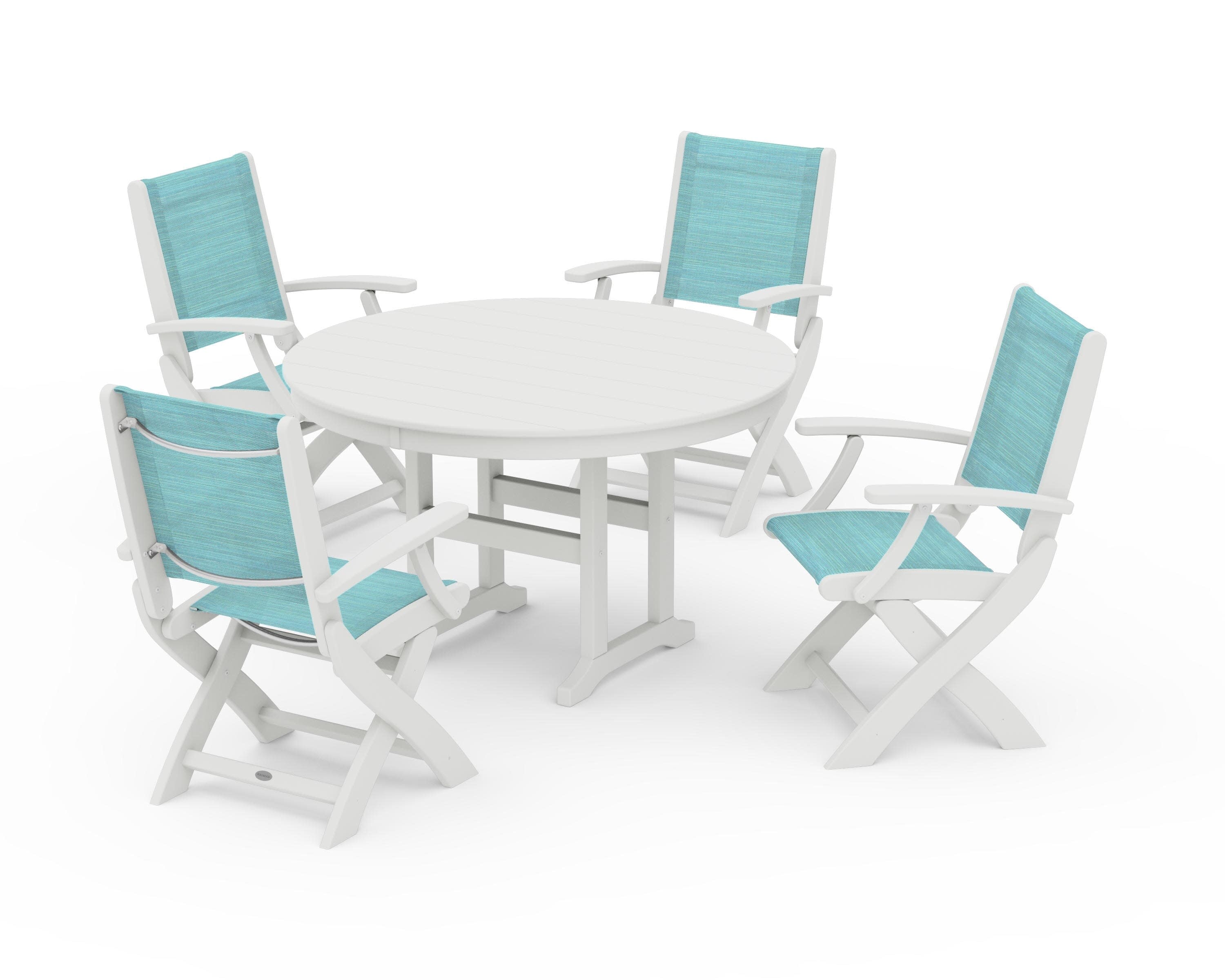 Coastal Folding Chair 5-Piece Round Dining Set in Vintage White / Dupioni Aquamarine Sling
