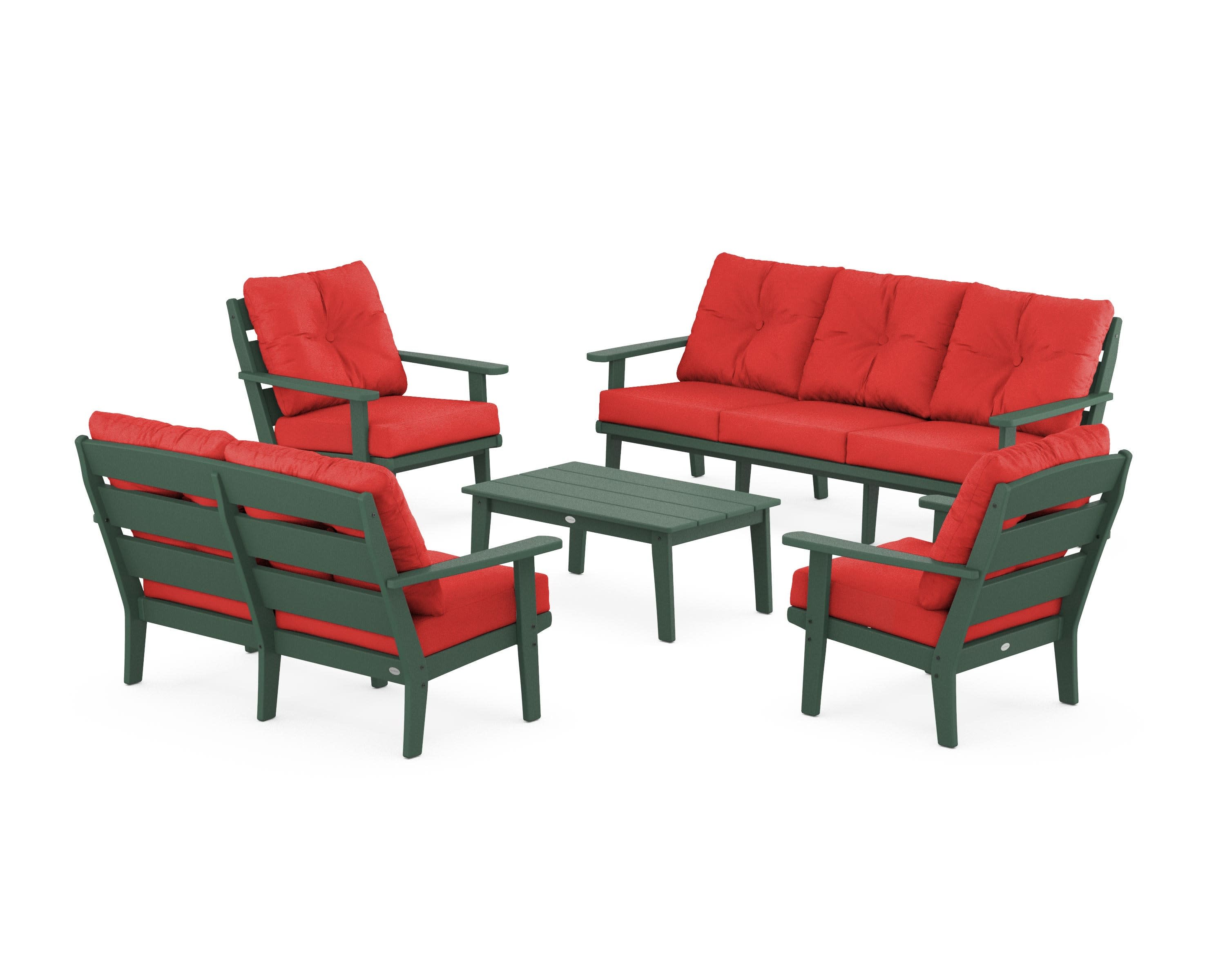 Lakeside 5-Piece Lounge Sofa Set in Green / Crimson Linen