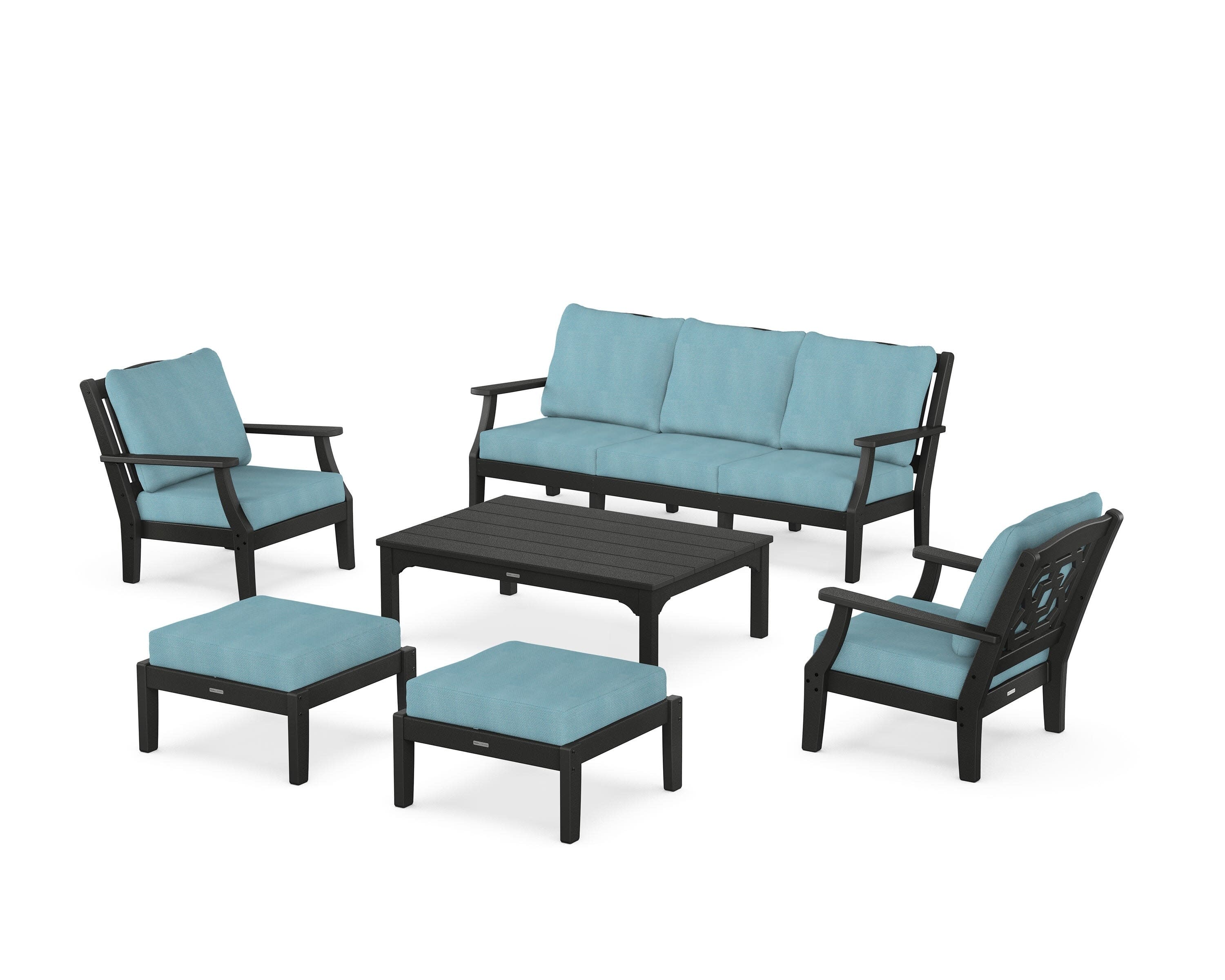 Chinoiserie 6-Piece Lounge Sofa Set in Black / Lattice Sky Blue