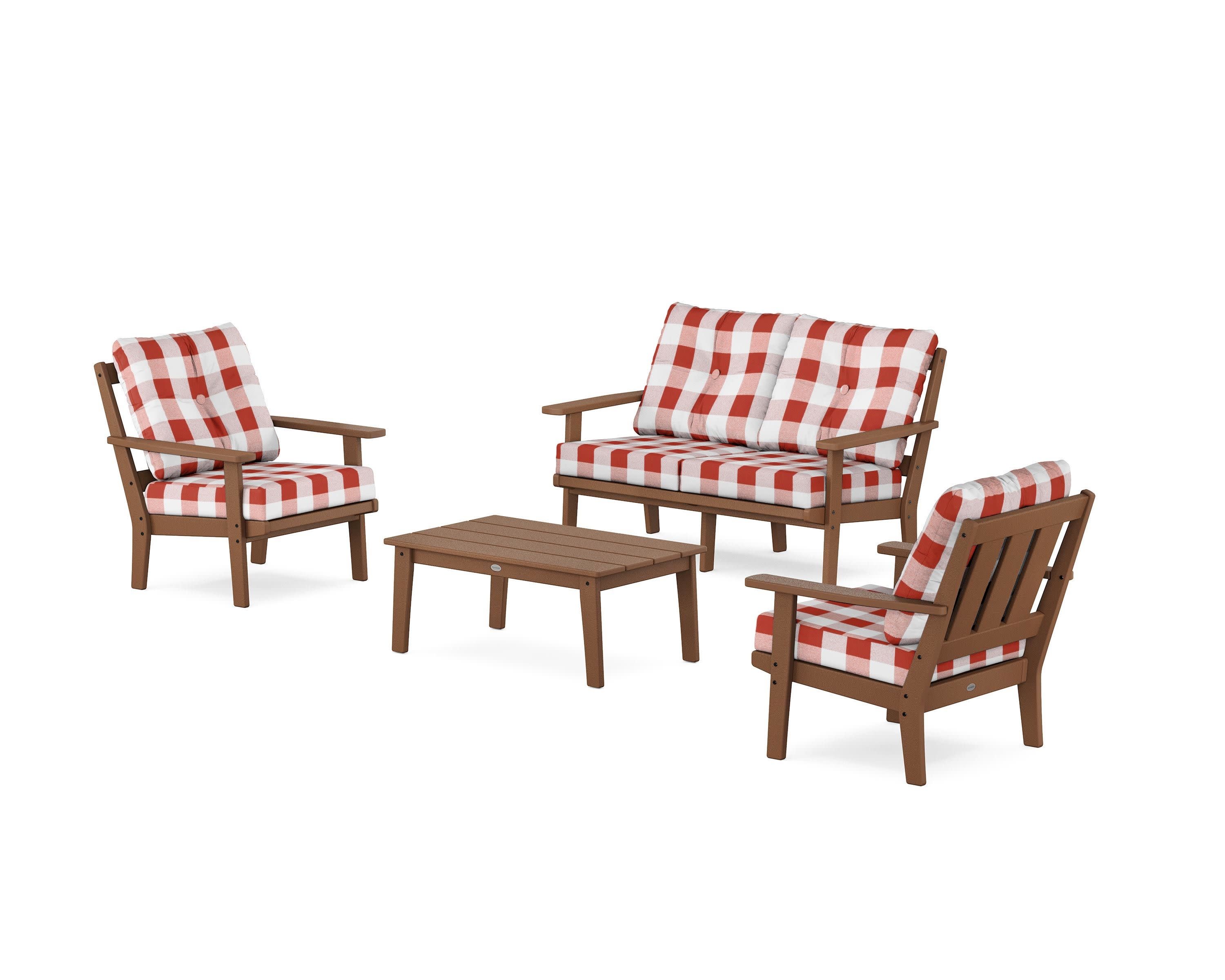 Oxford 4-Piece Deep Seating Set with Loveseat in Teak / Buffalo Plaid Crimson