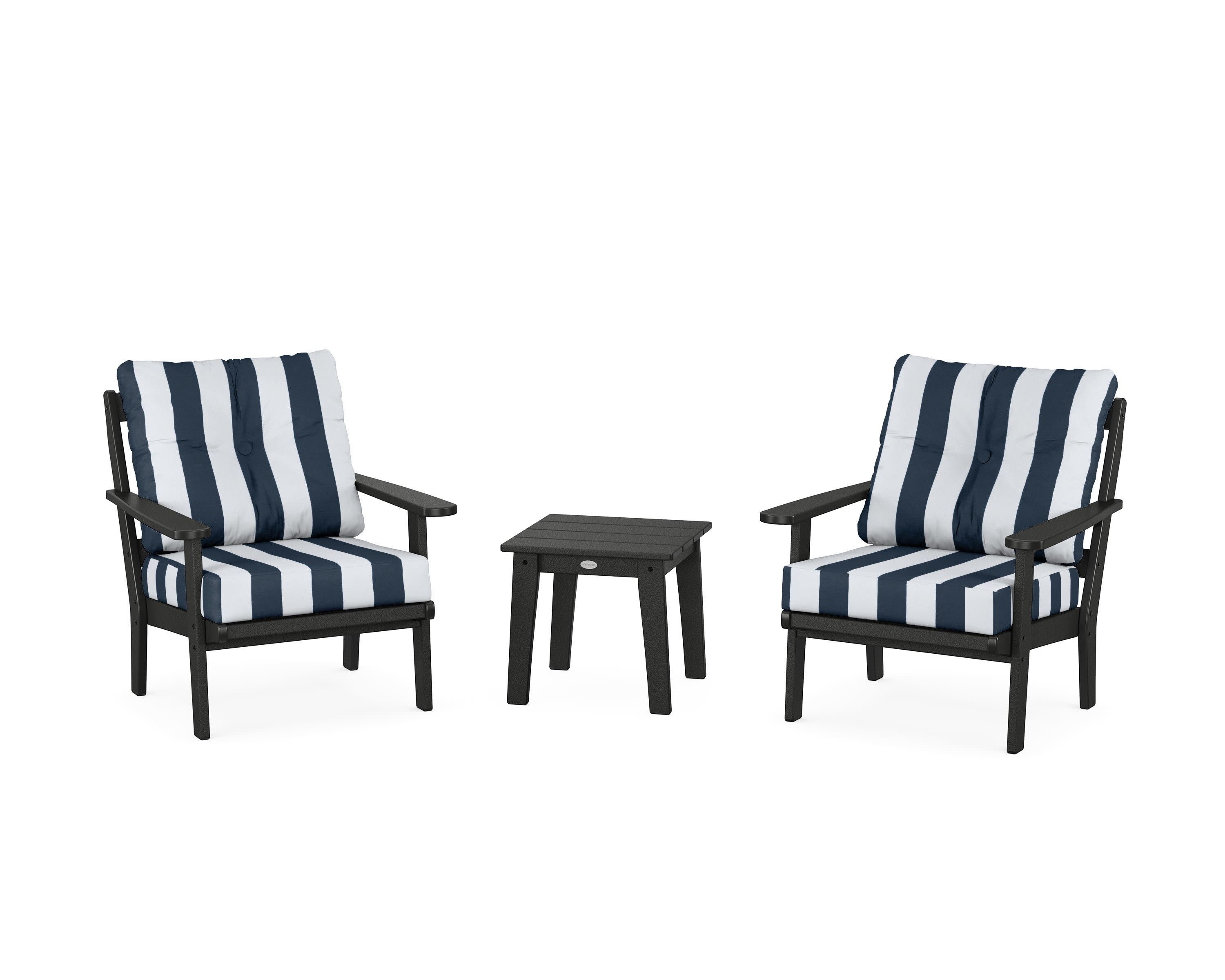 Mission 3-Piece Deep Seating Set in Black / Cabana Stripe Marine Indigo