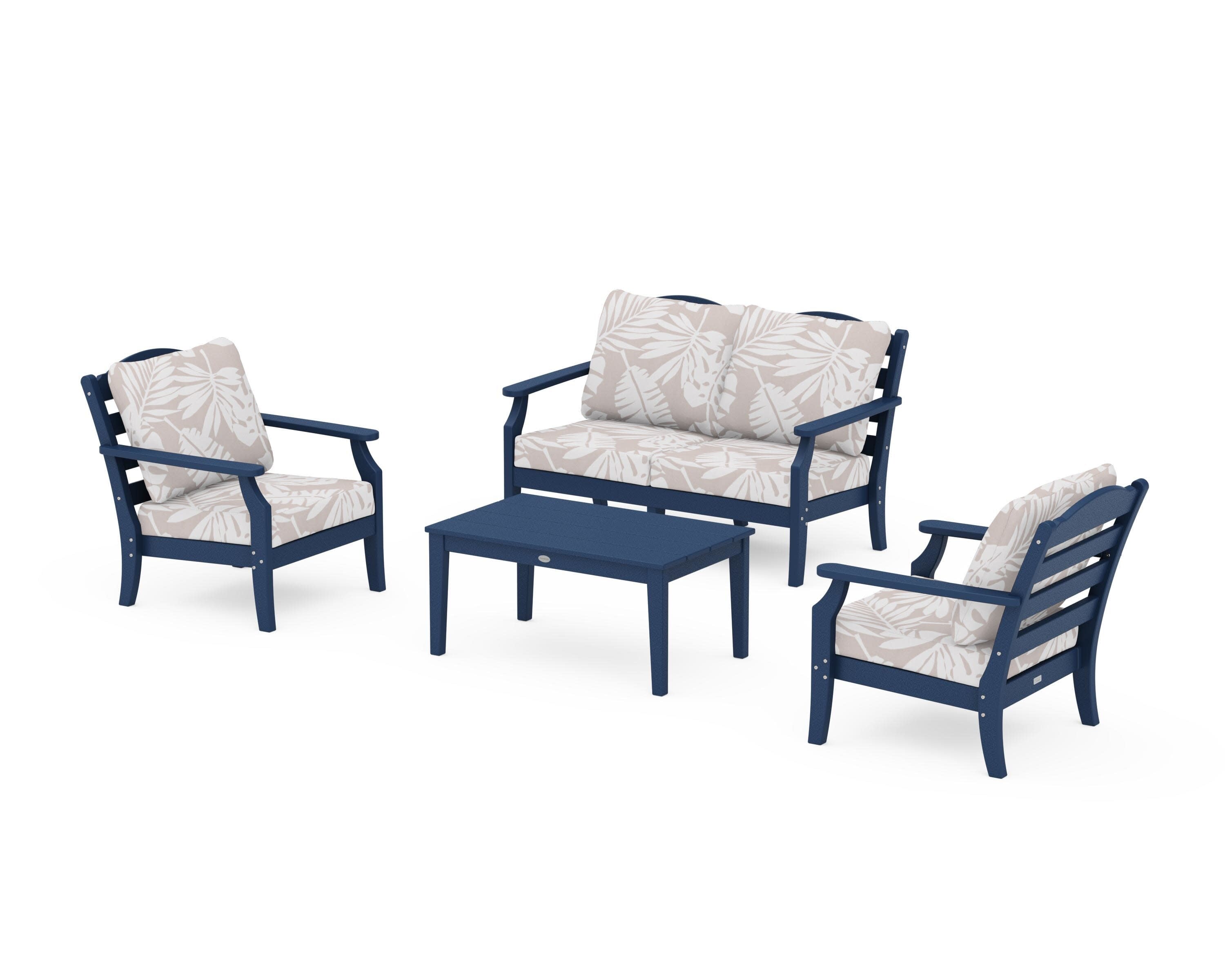 Savannah 4-Piece Deep Seating Set with Loveseat in Navy / Leaf Dune Burlap
