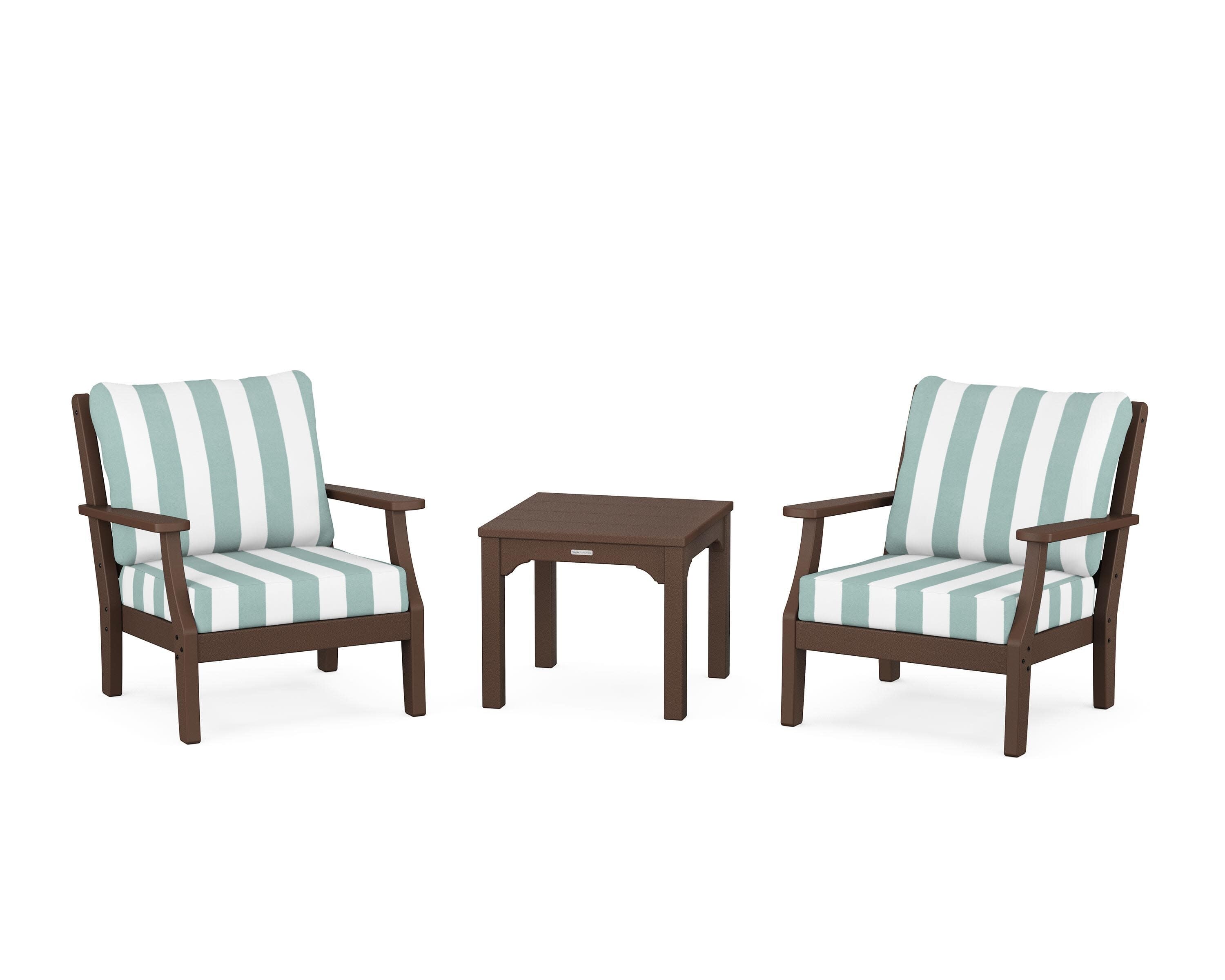 Chinoiserie 3-Piece Deep Seating Set in Mahogany / Cabana Stripe Glacier Spa