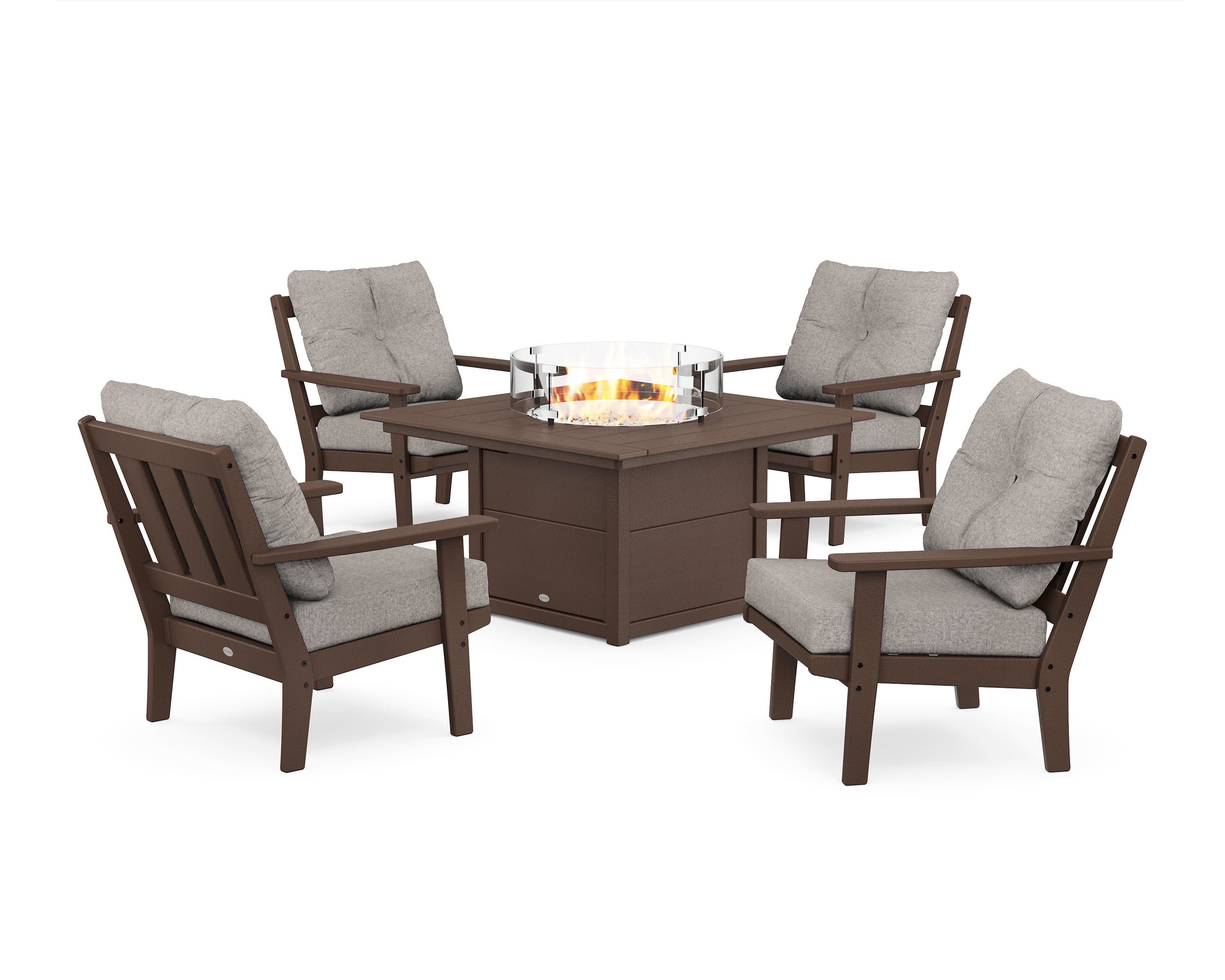 Oxford 5-Piece Deep Seating Set with Fire Pit Table in Mahogany / Weathered Tweed