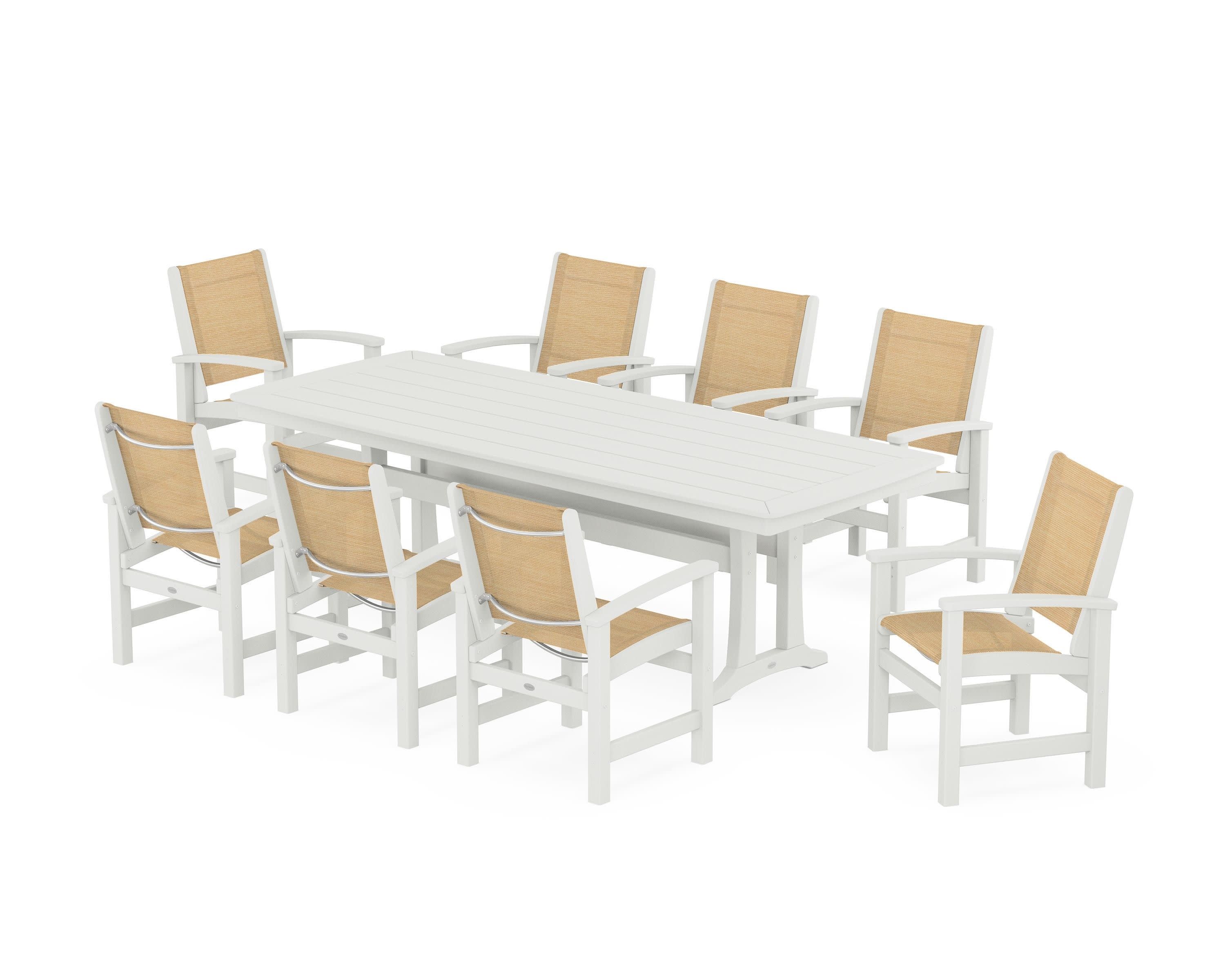 Coastal 9-Piece Dining Set with Trestle Legs in Vintage White / Dupioni Apricot Sling