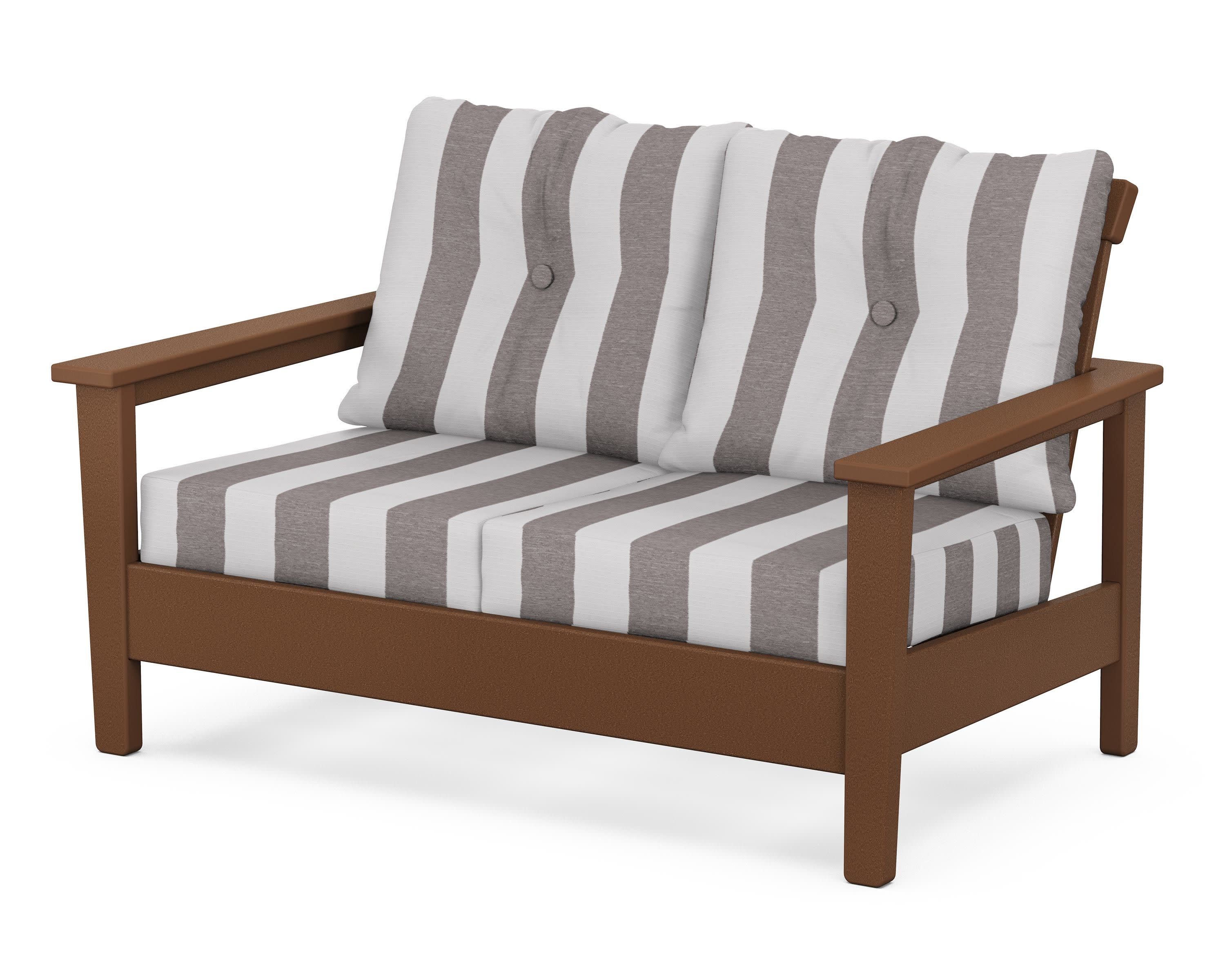 Prescott Deep Seating Loveseat in Teak / Cabana Stripe Grey Mist