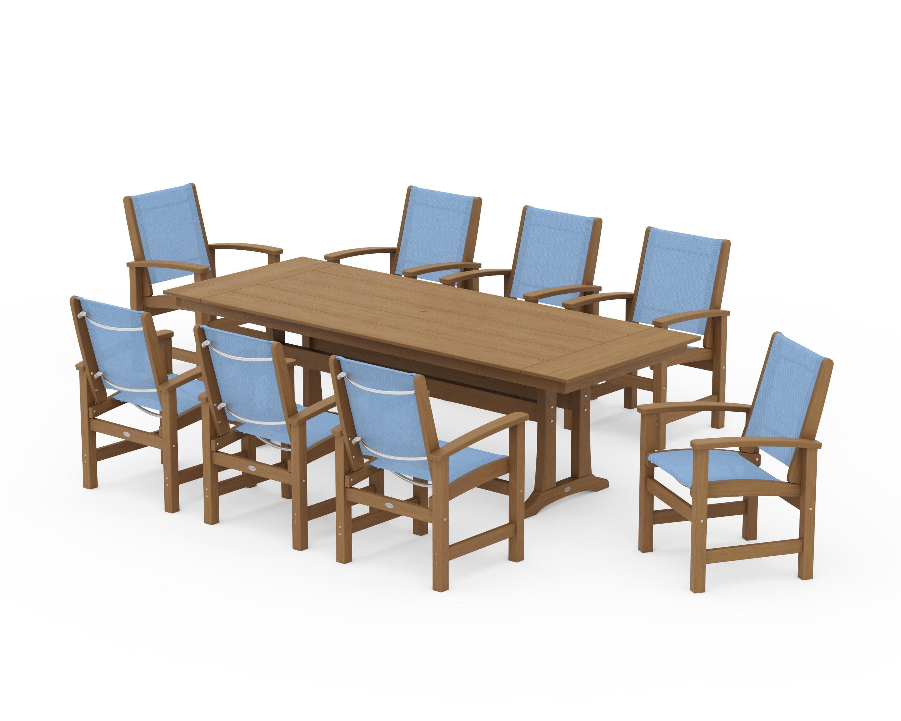 Coastal 9-Piece Farmhouse Dining Set with Trestle Legs in Natural / Poolside Sling