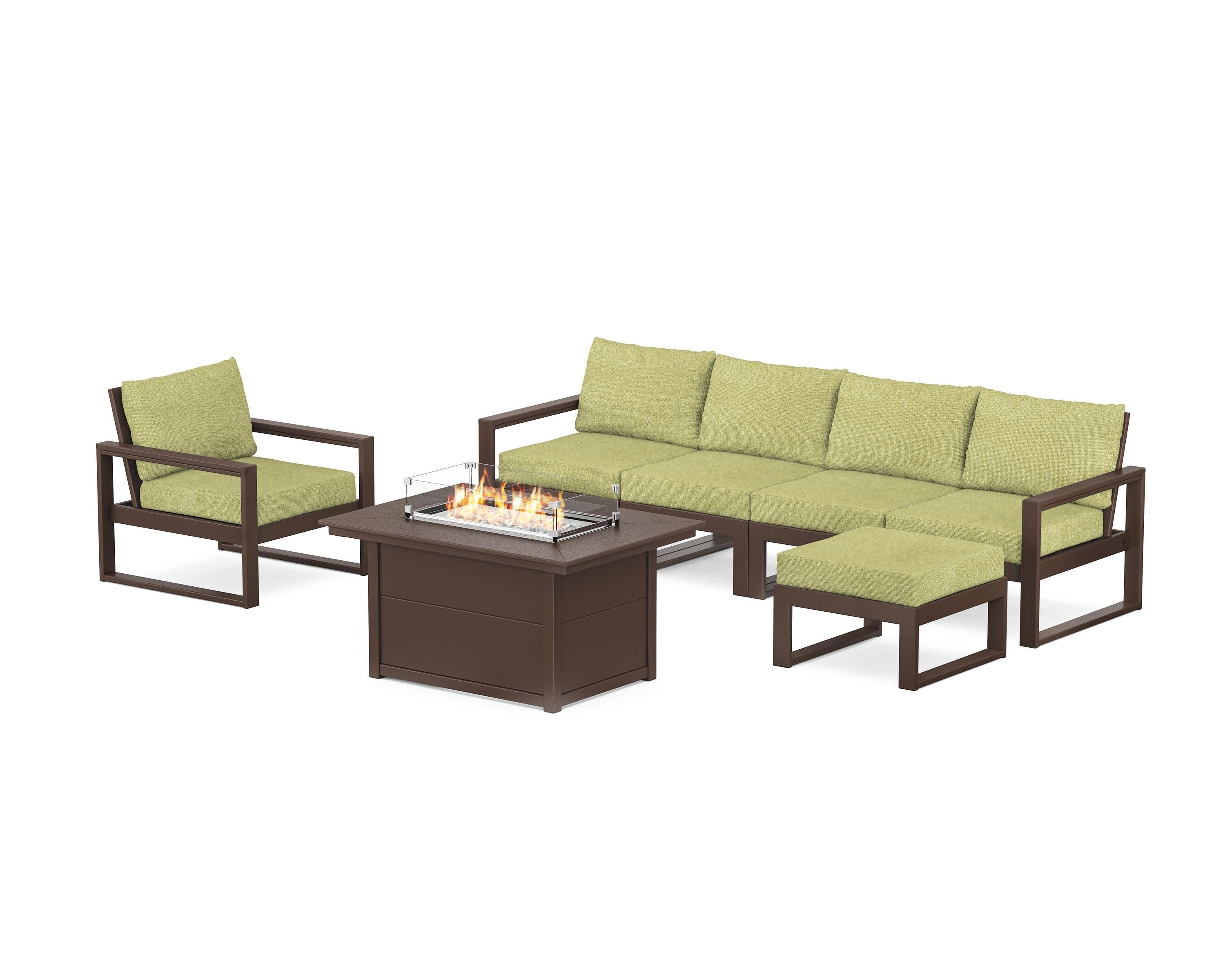 EDGE Sectional Lounge and Fire Pit Set in Mahogany / Chartreuse Boucle