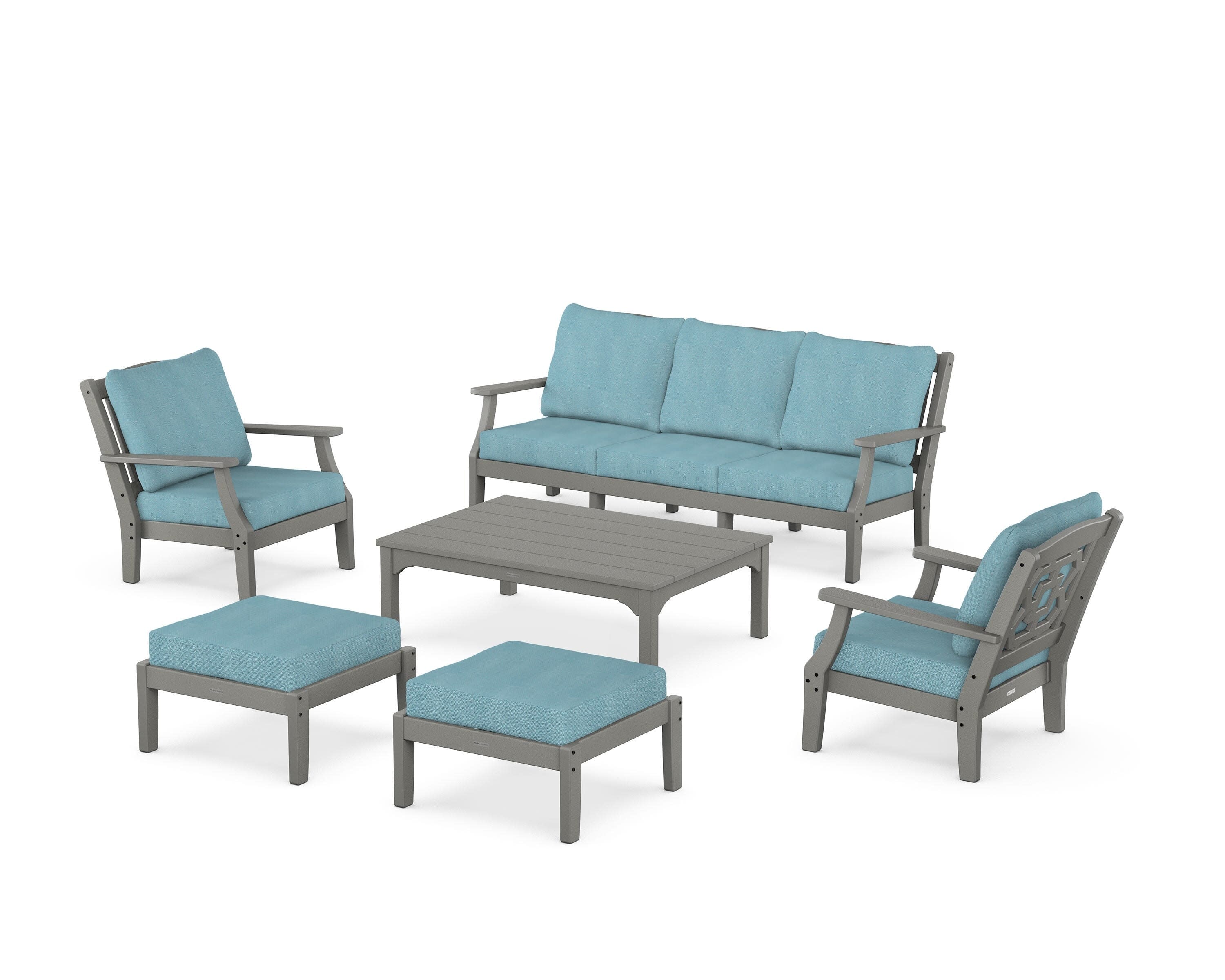 Chinoiserie 6-Piece Lounge Sofa Set in Slate Grey / Lattice Sky Blue