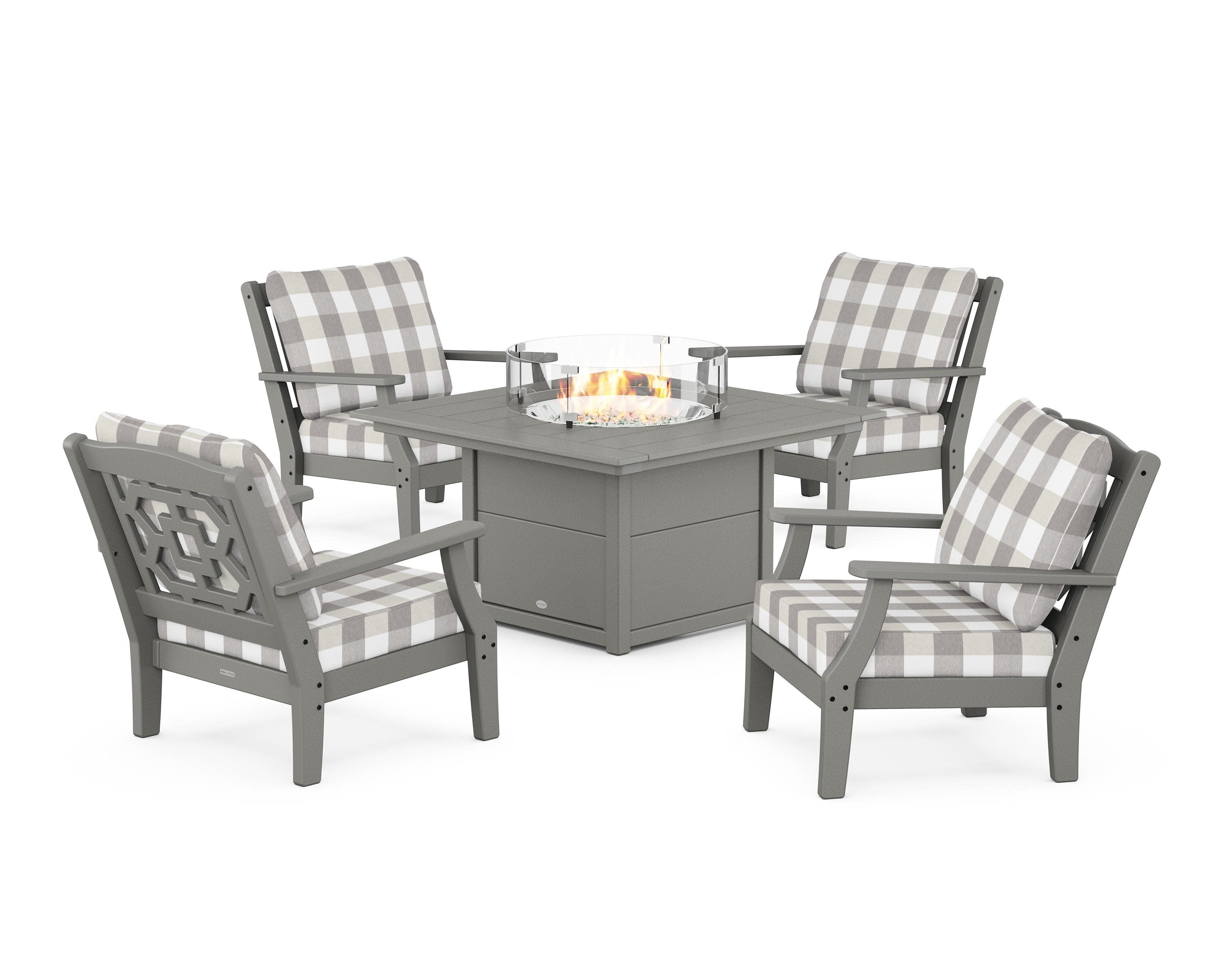 Chinoiserie 5-Piece Deep Seating Set with Fire Pit Table in Slate Grey / Buffalo Plaid Grey Mist