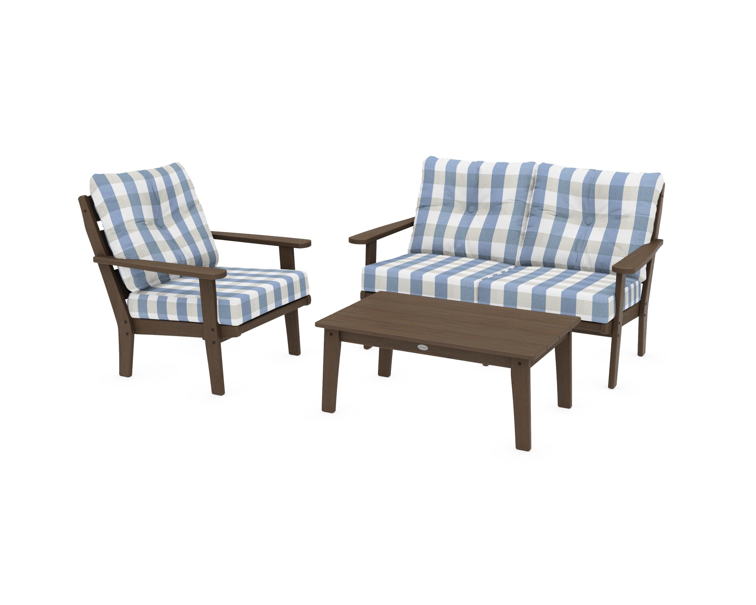 Lakeside 3-Piece Deep Seating Set in Kona / Buffalo Plaid Sky Blue