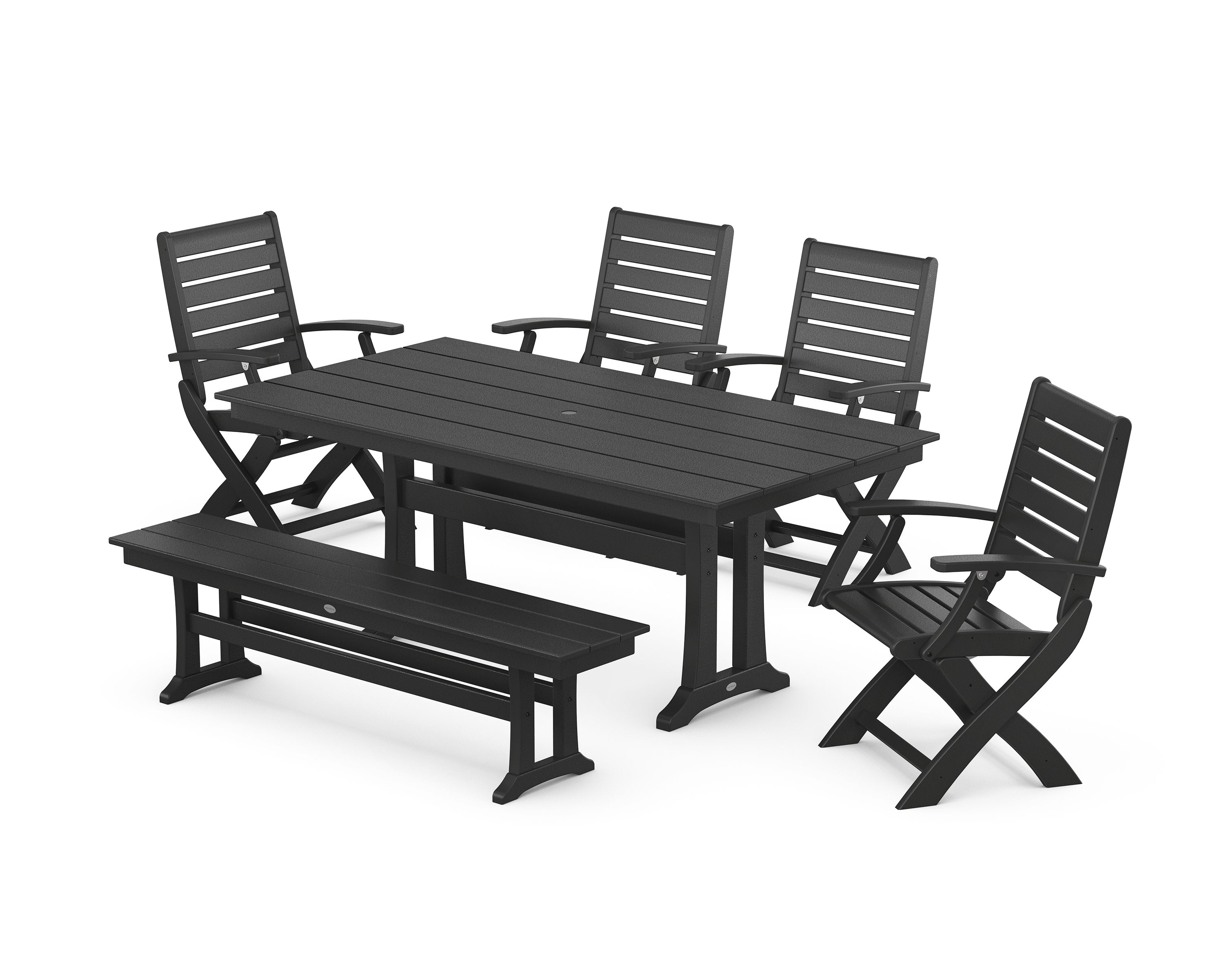 Signature Folding Chair 6-Piece Farmhouse Dining Set with Trestle Legs and Bench in Black