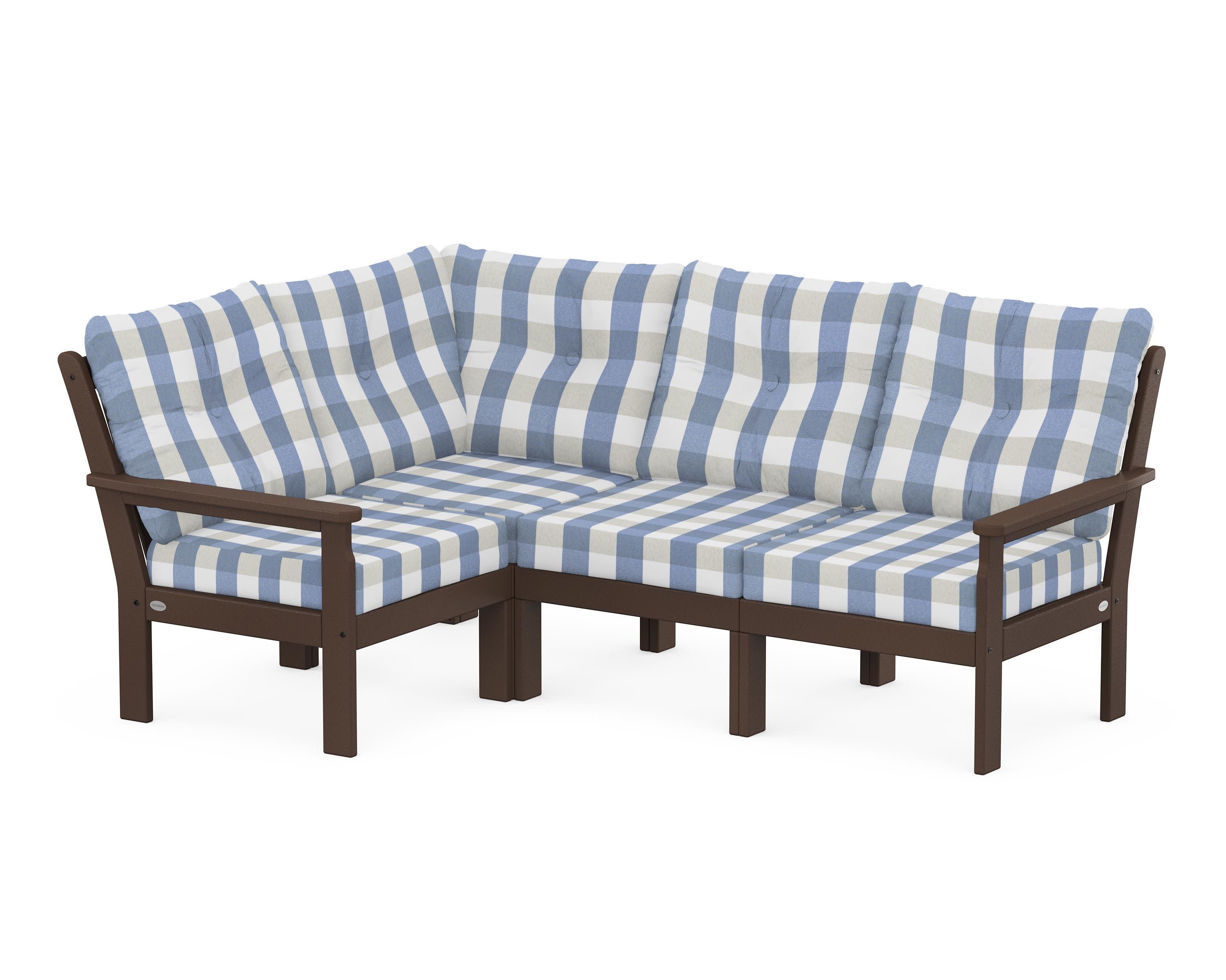 Vineyard 4-Piece Sectional in Mahogany / Buffalo Plaid Sky Blue