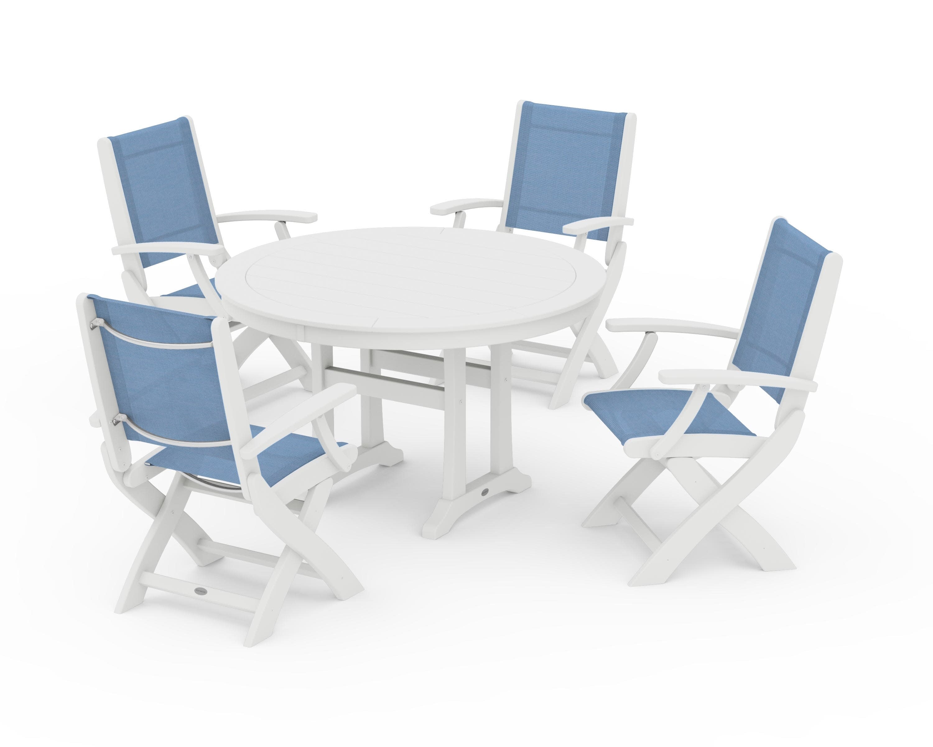 Coastal Folding Chair 5-Piece Round Dining Set with Trestle Legs in White / Poolside Sling