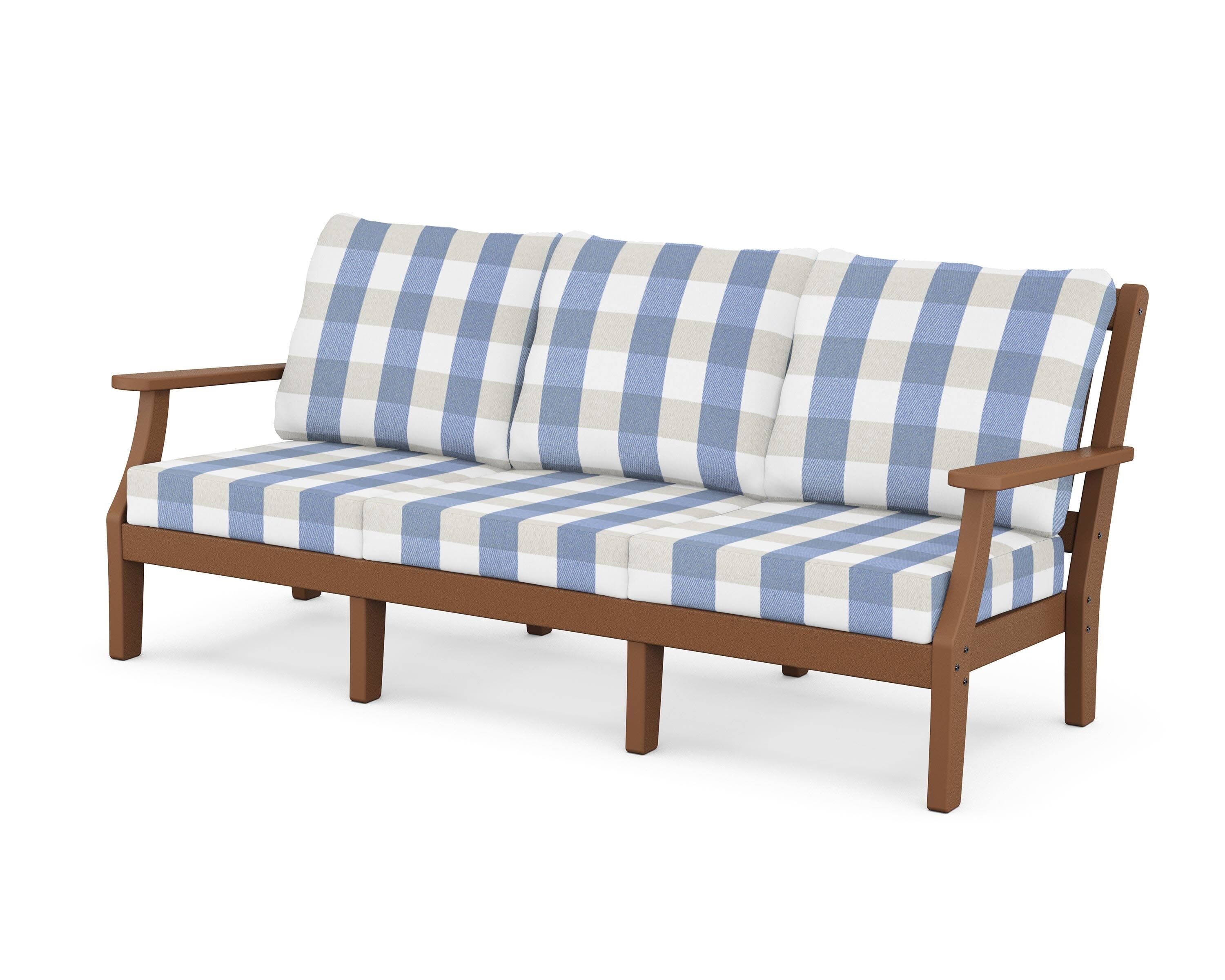 Chinoiserie Deep Seating Sofa in Teak / Buffalo Plaid Sky Blue