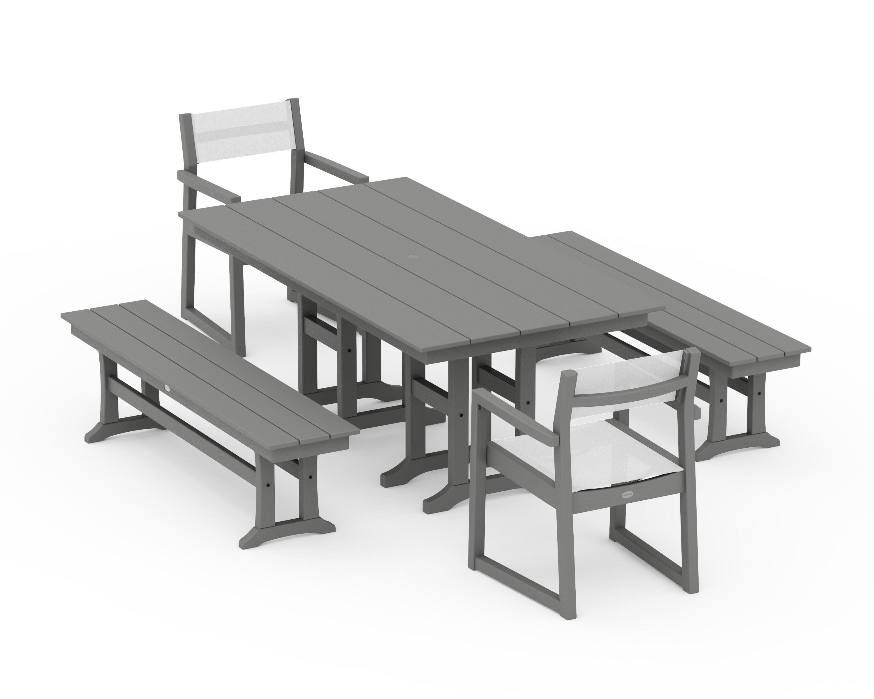 EDGE Sling Arm Chair 5-Piece Farmhouse Dining Set with Benches in Slate Grey / White Sling