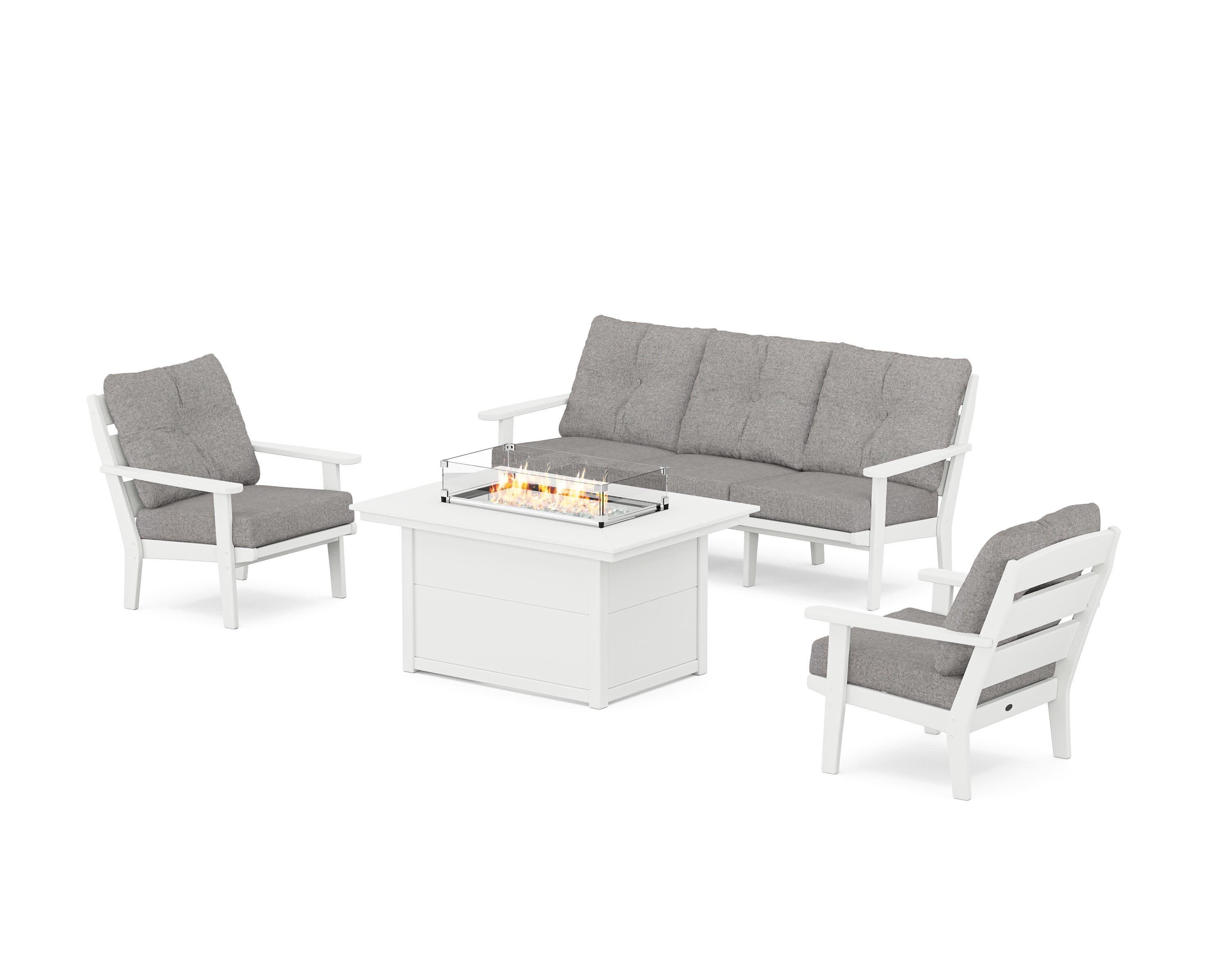 Lakeside Deep Seating Fire Pit Table Set in White / Grey Mist