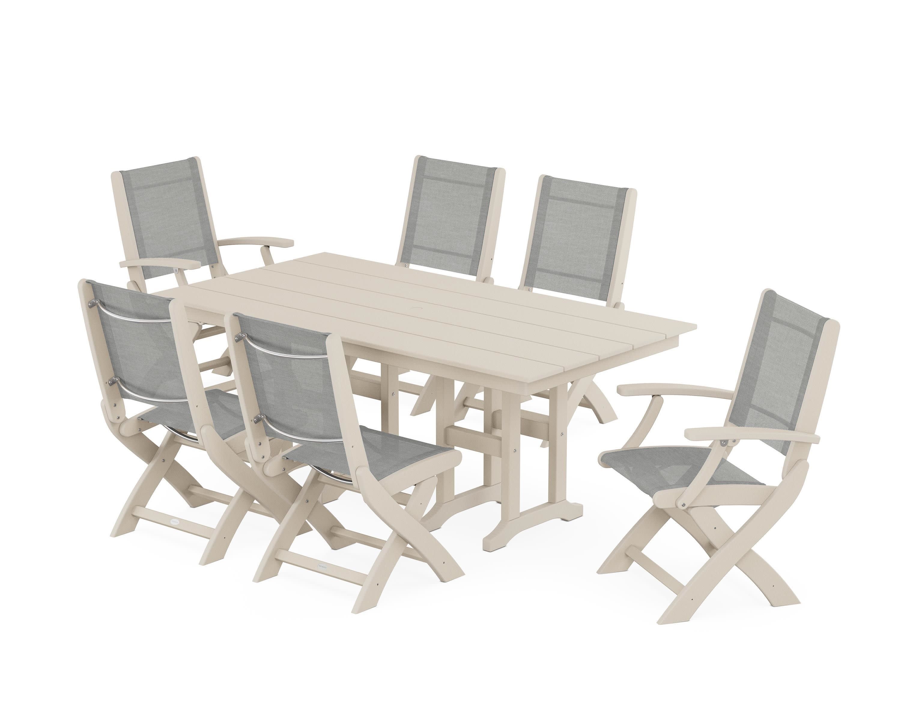 Coastal Folding Chair 7-Piece Farmhouse Dining Set in Sand / Metallic Sling