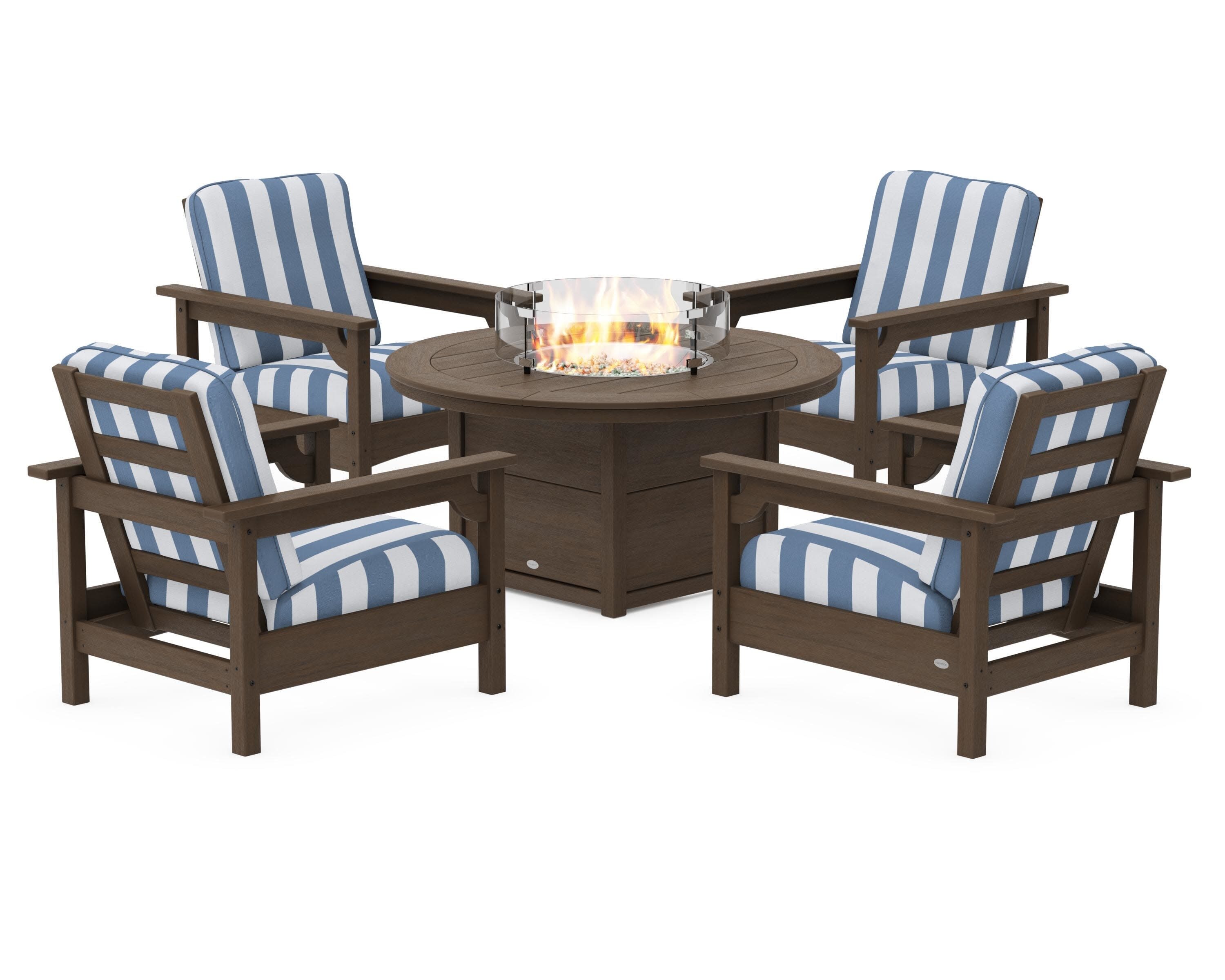 Club 5-Piece Conversation Set with Fire Pit Table in Kona / Cabana Stripe Sky Blue