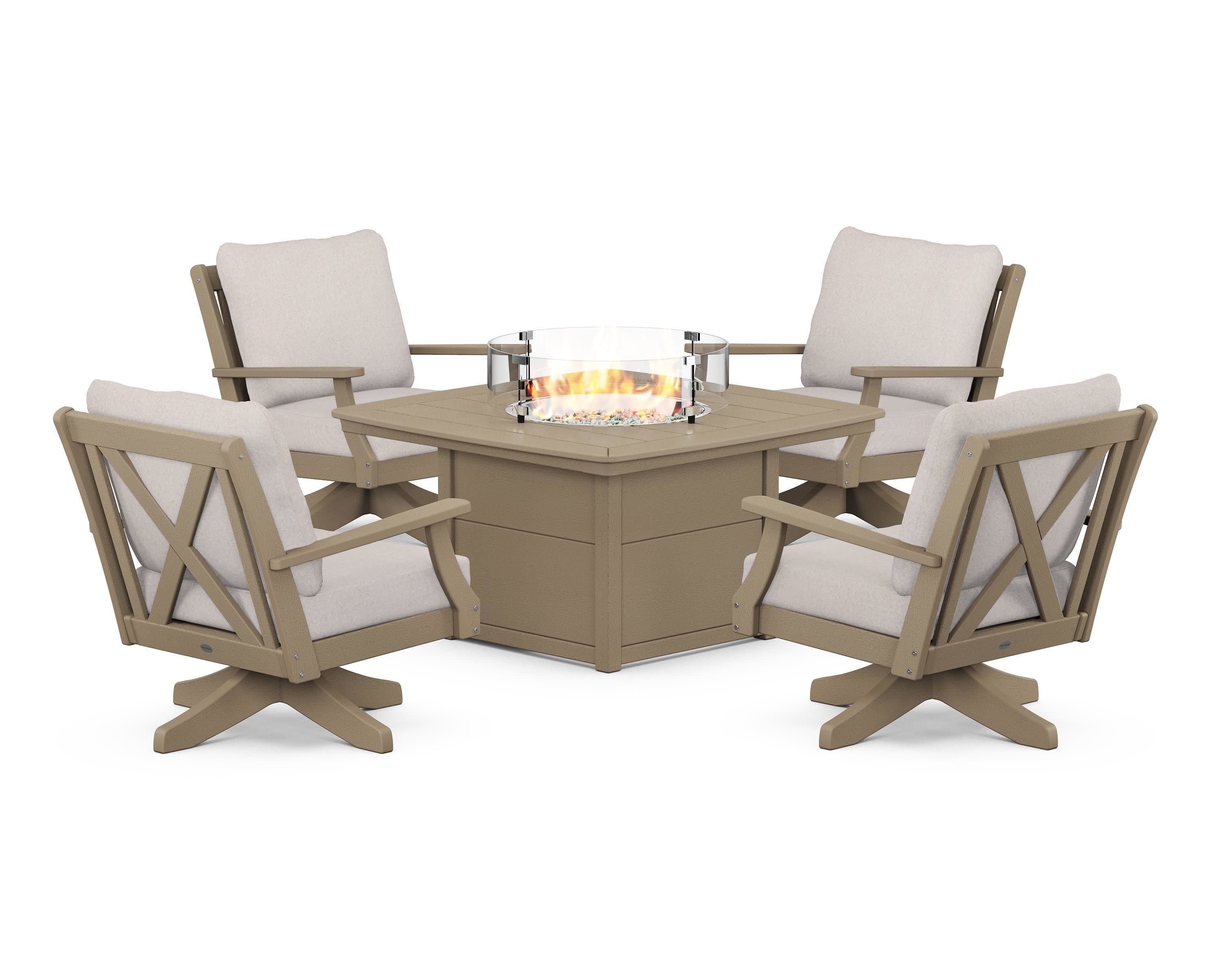 Braxton 5-Piece Deep Seating Swivel Conversation Set with Fire Pit Table in Vintage Sahara / Dune Burlap