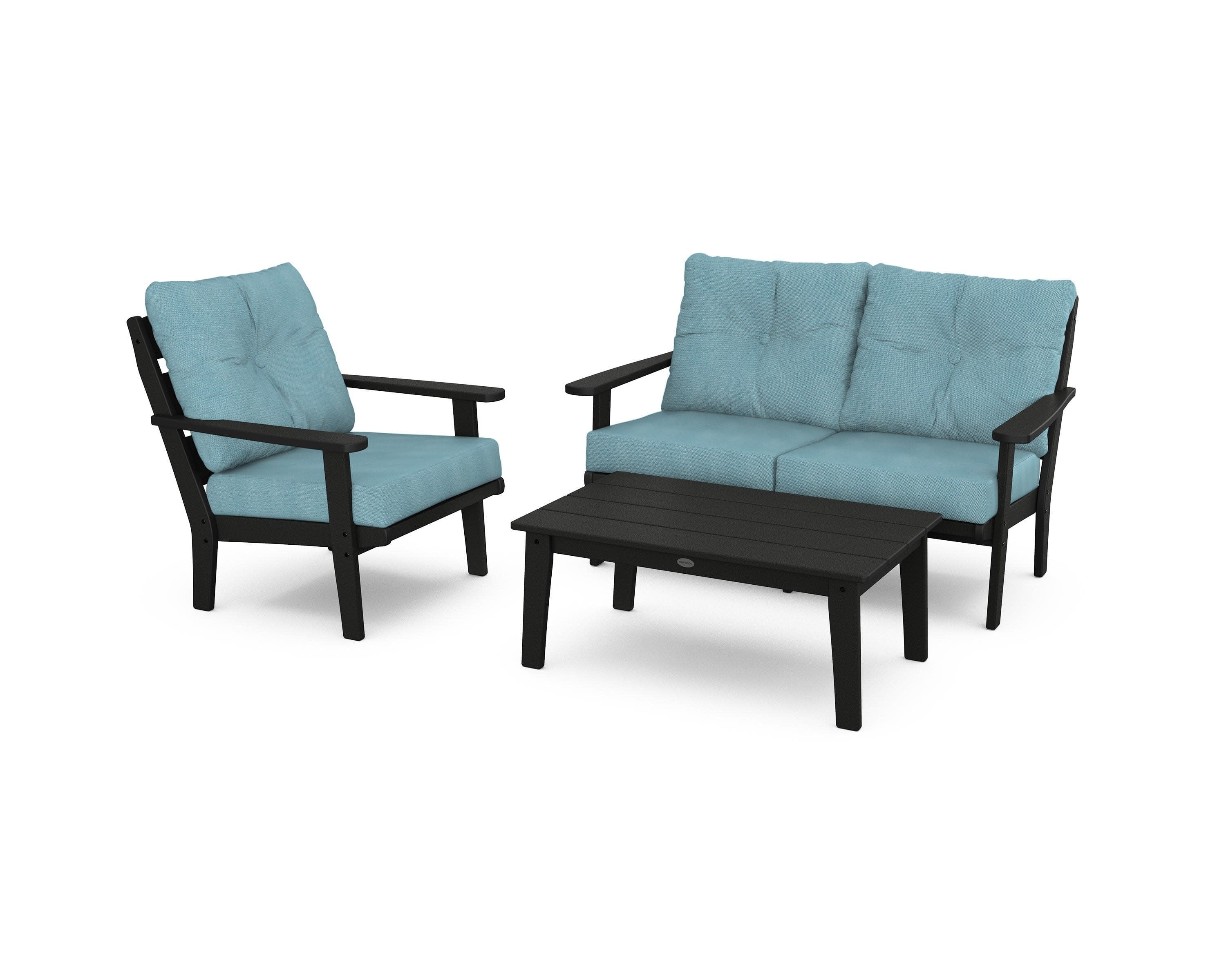 Lakeside 3-Piece Deep Seating Set in Black / Lattice Sky Blue