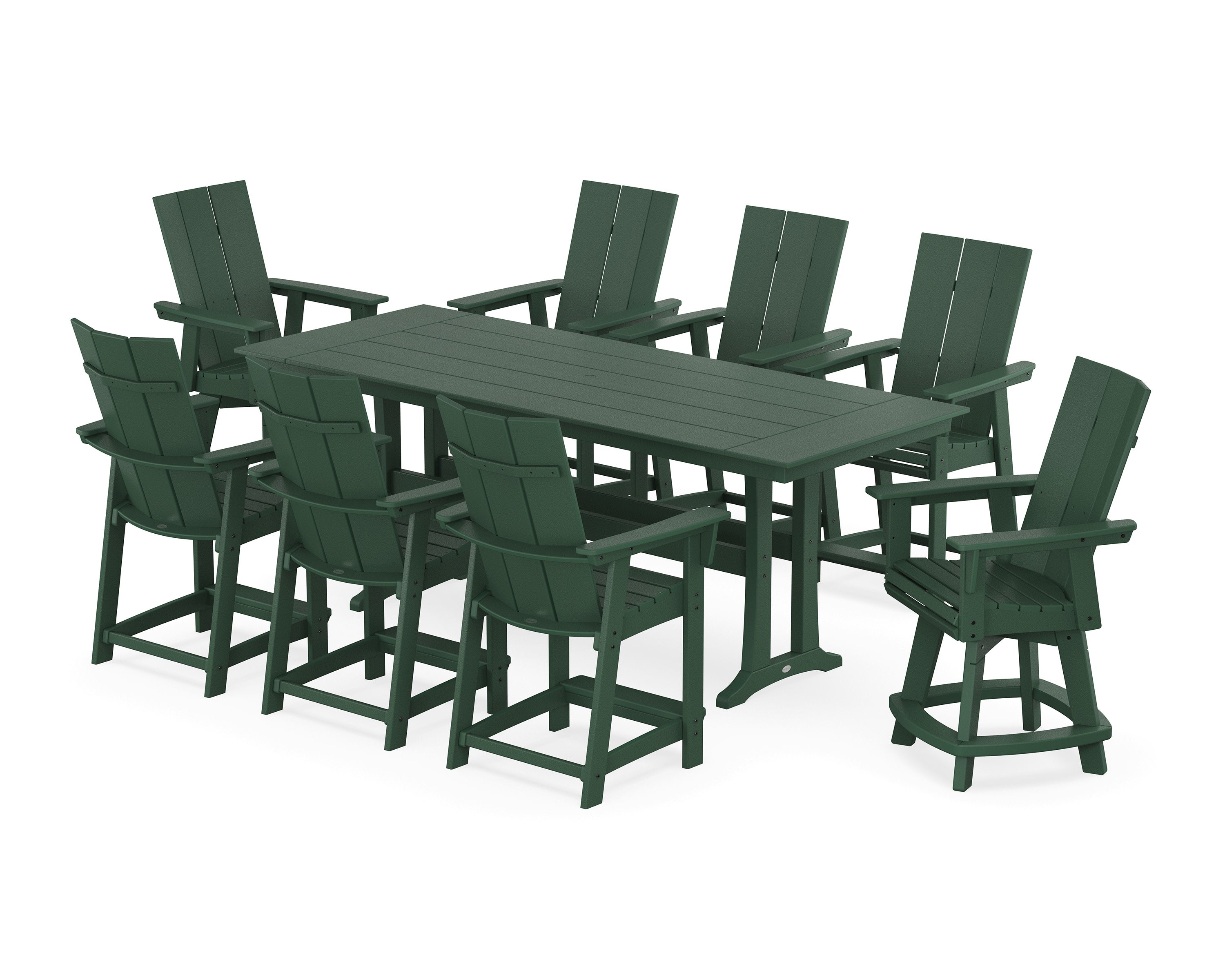 Modern Curveback Adirondack Swivel 9-Piece Farmhouse Counter Set with Trestle Legs in Green