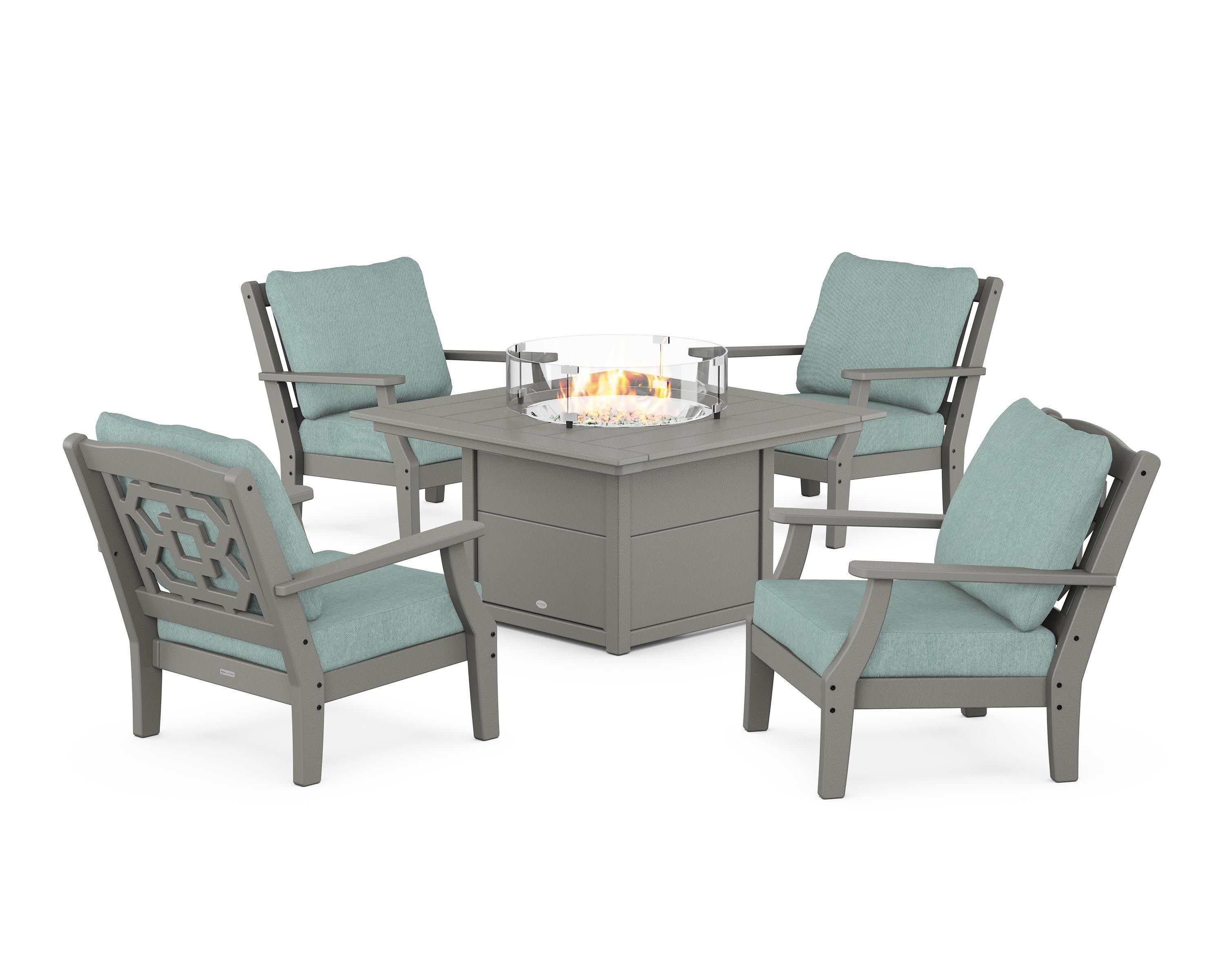Chinoiserie 5-Piece Deep Seating Set with Fire Pit Table in Slate Grey / Glacier Spa
