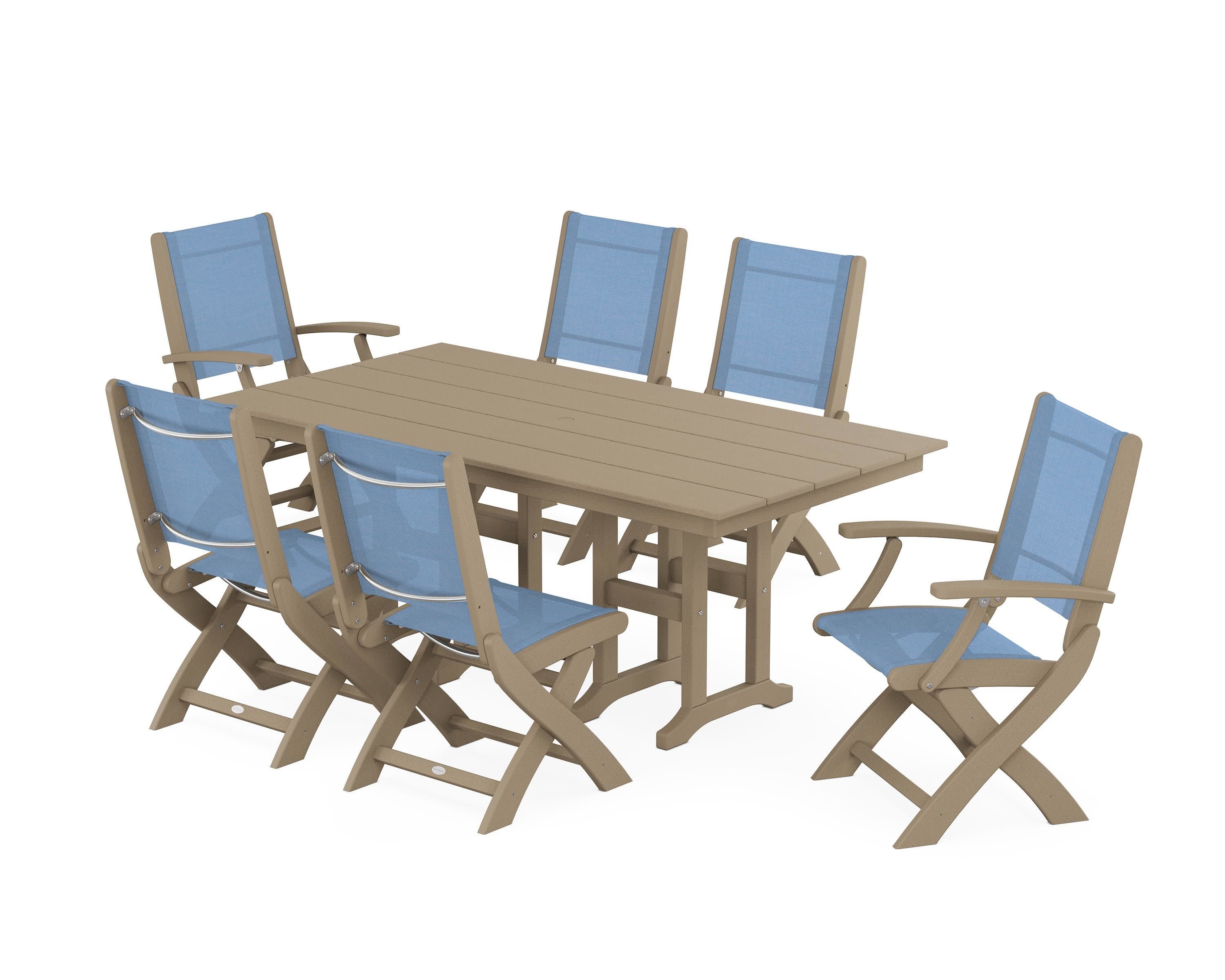 Coastal Folding Chair 7-Piece Farmhouse Dining Set in Vintage Sahara / Poolside Sling