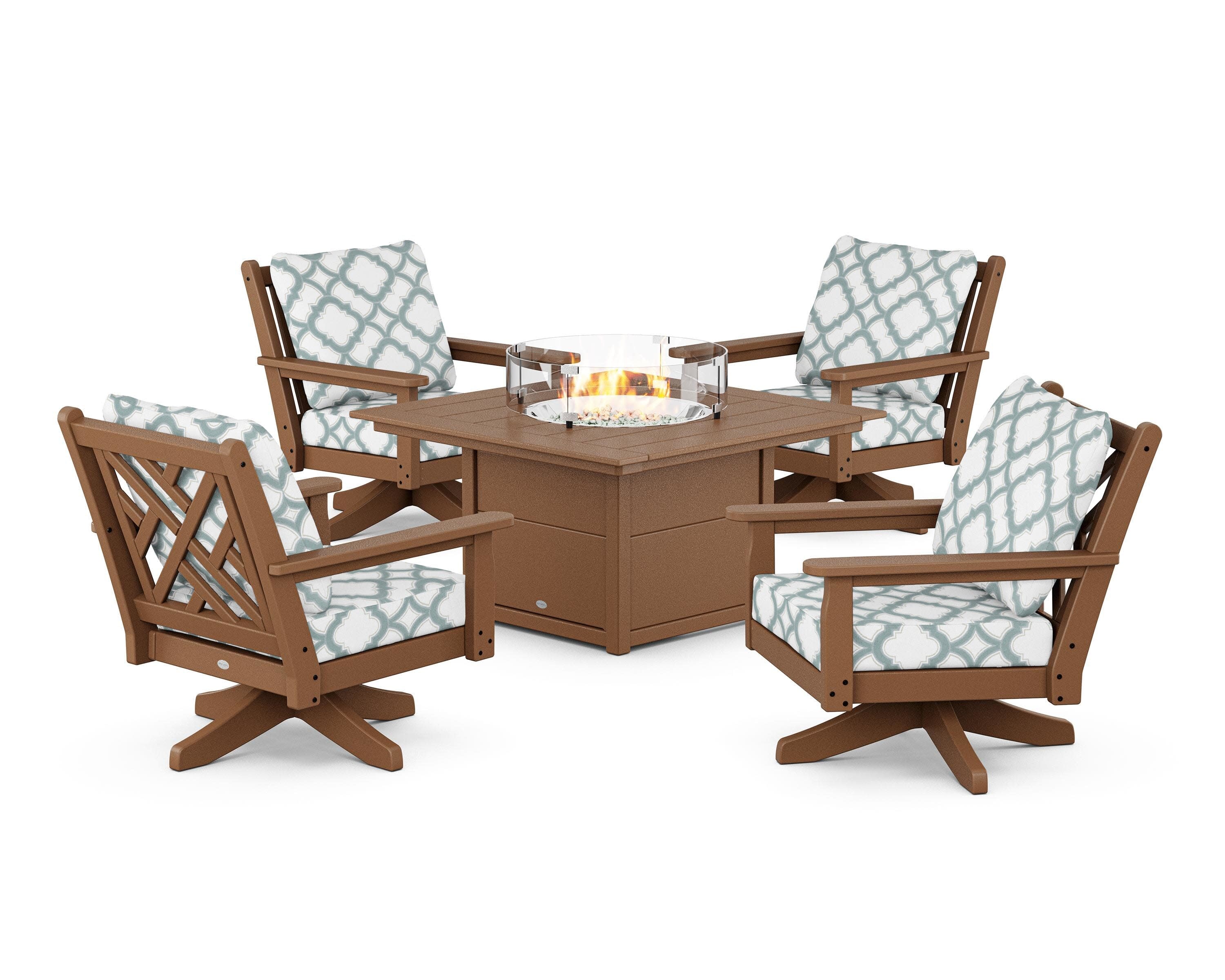 Chippendale 5-Piece Deep Seating Swivel Conversation Set with Fire Pit Table in Teak / Trellis Glacier Spa