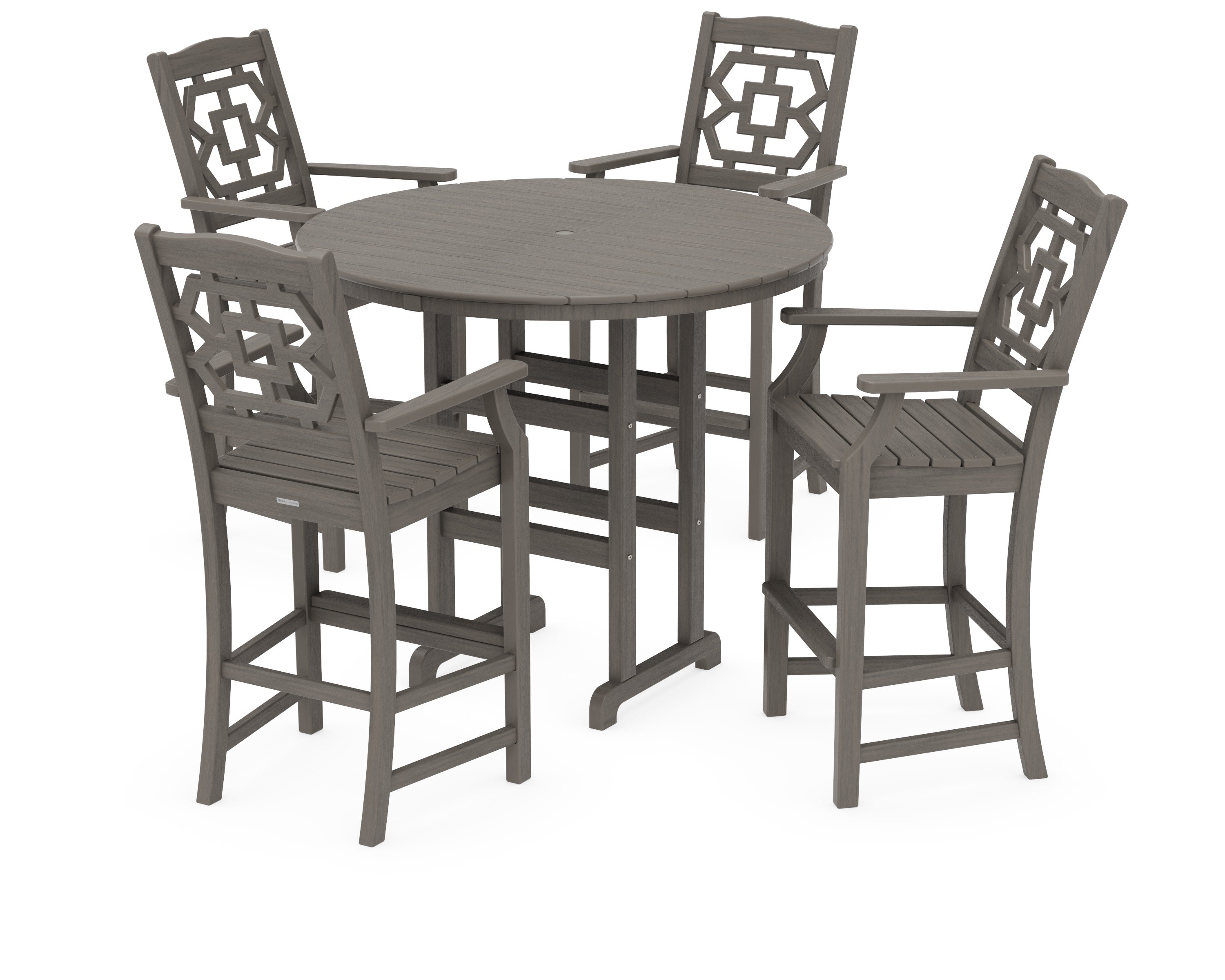 Chinoiserie 5-Piece Round Farmhouse Bar Set in Driftwood