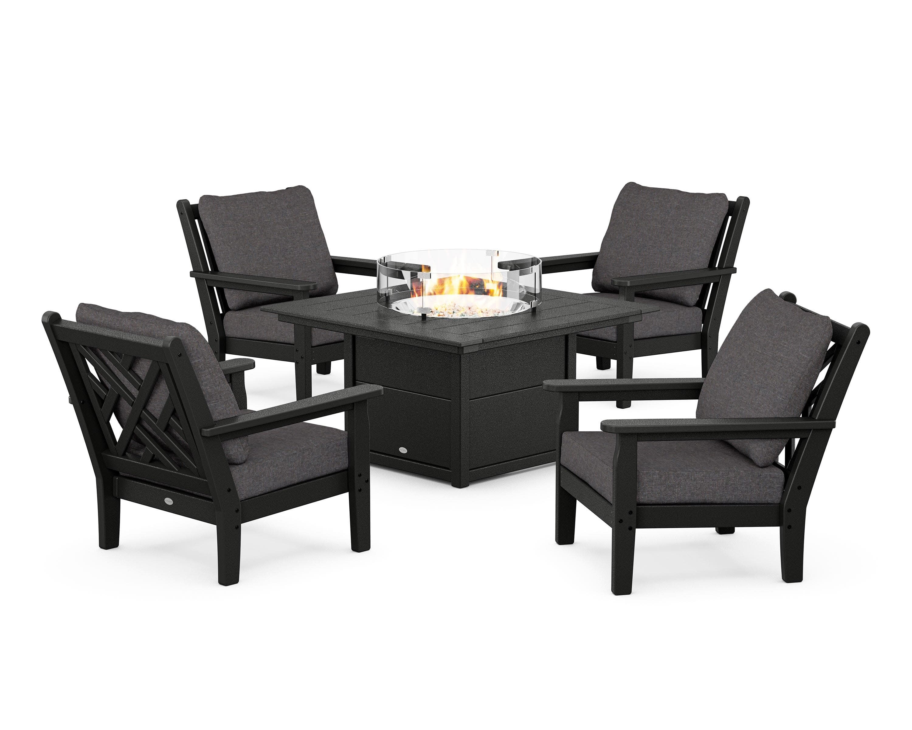 Chippendale 5-Piece Deep Seating Set with Fire Pit Table in Black / Ash Charcoal