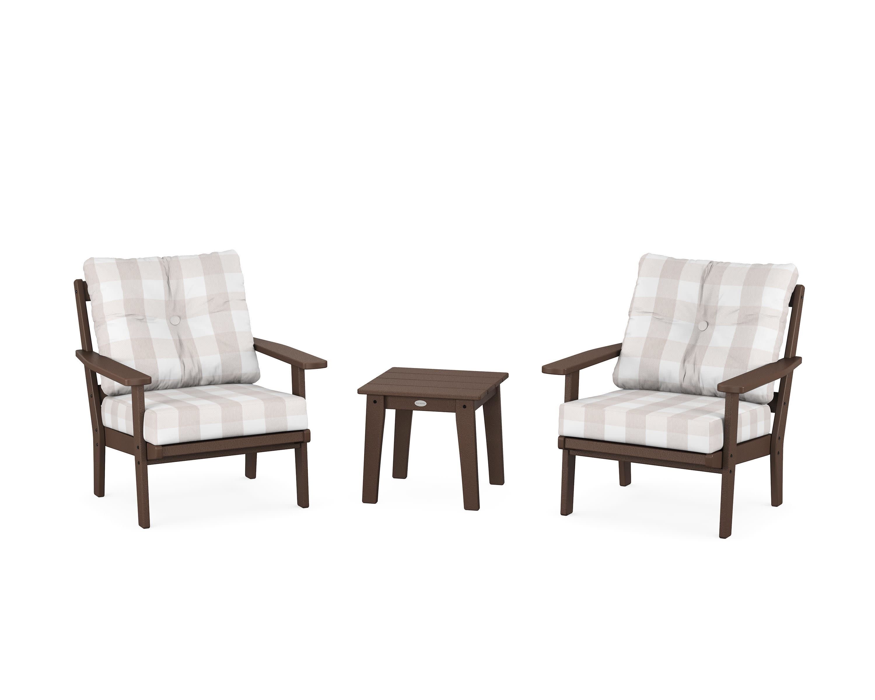Oxford 3-Piece Deep Seating Set in Mahogany / Buffalo Plaid Dune Burlap