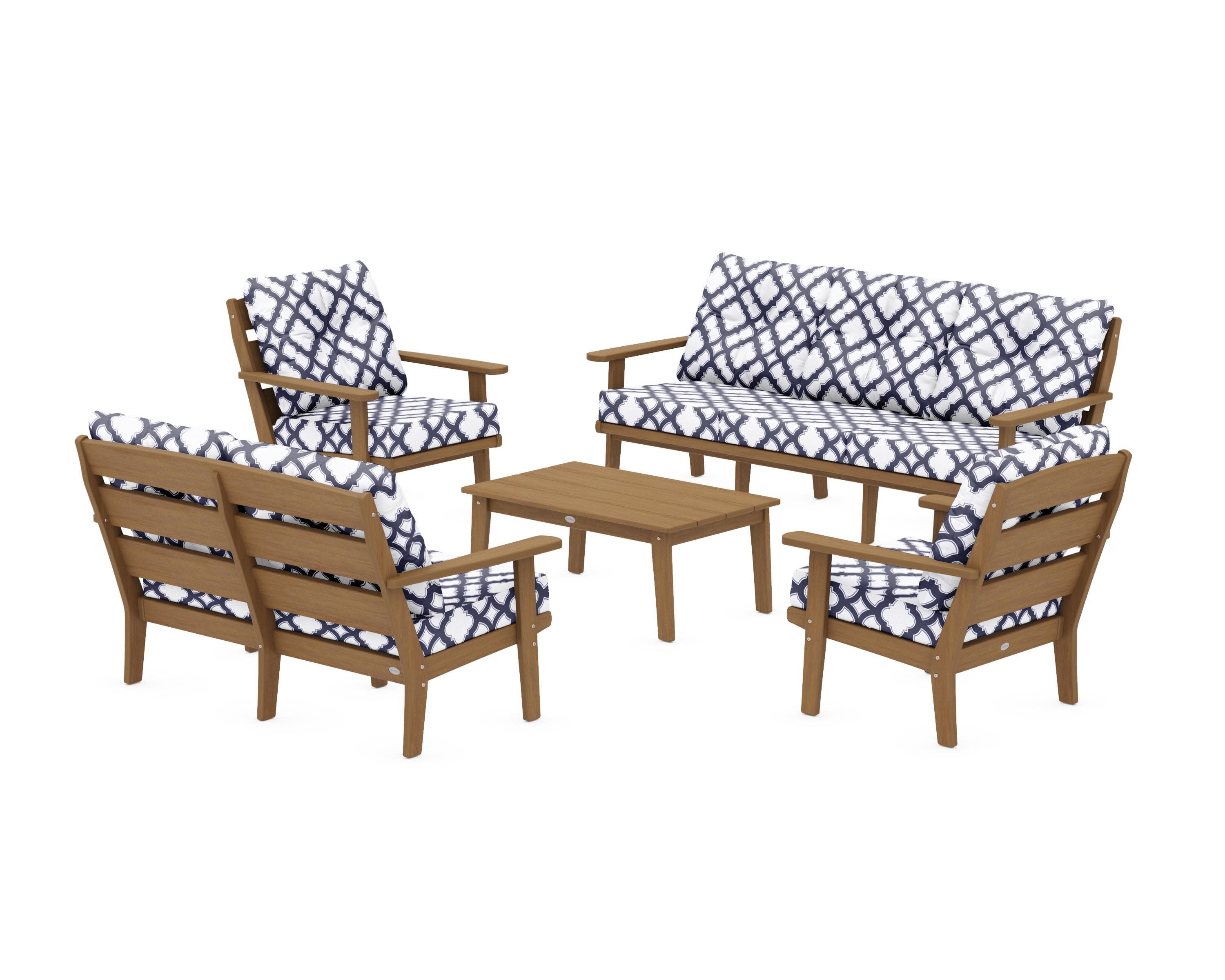 Lakeside 5-Piece Lounge Sofa Set in Natural / Trellis Navy