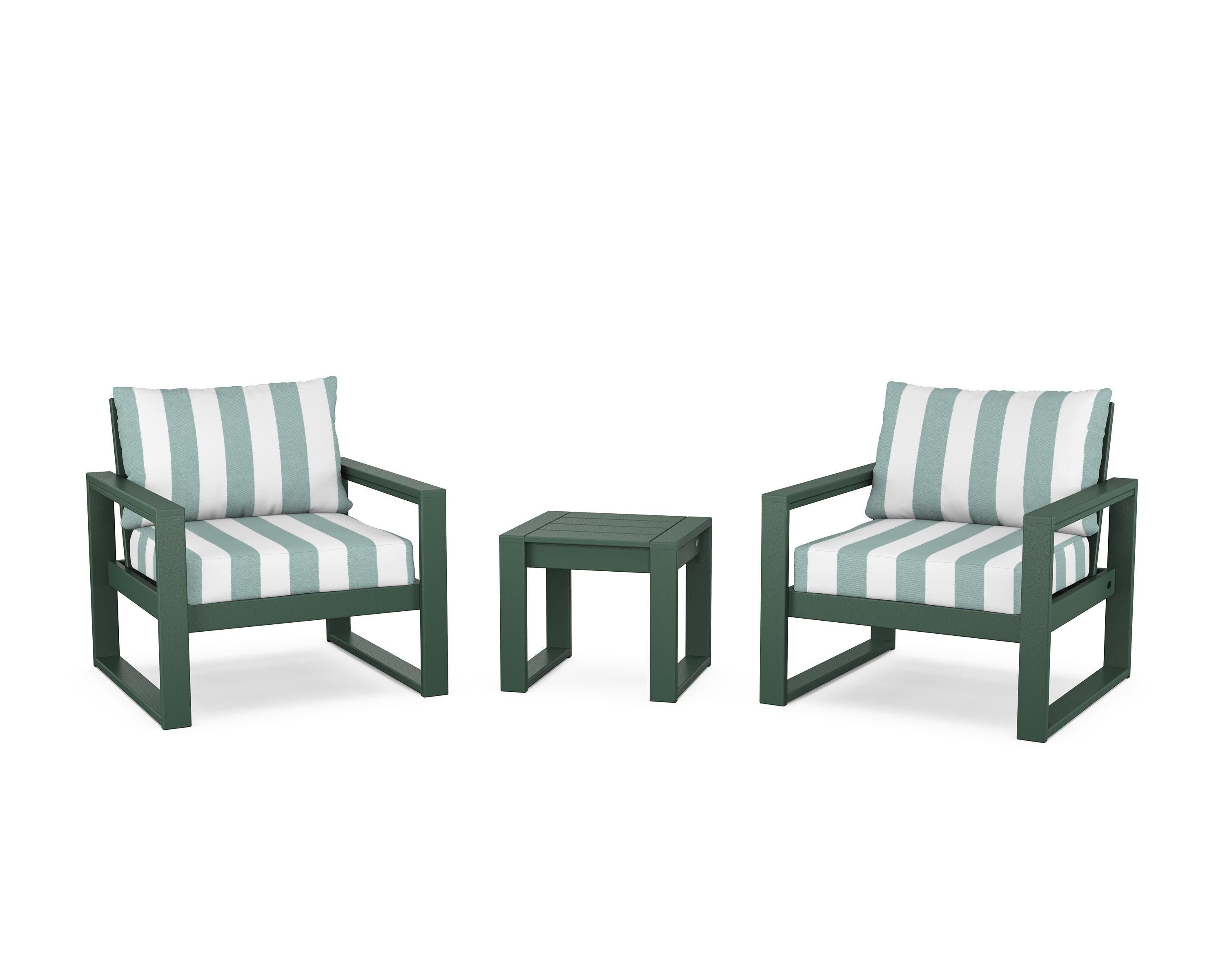 EDGE Sectional 3-Piece Deep Seating Set in Green / Cabana Stripe Glacier Spa