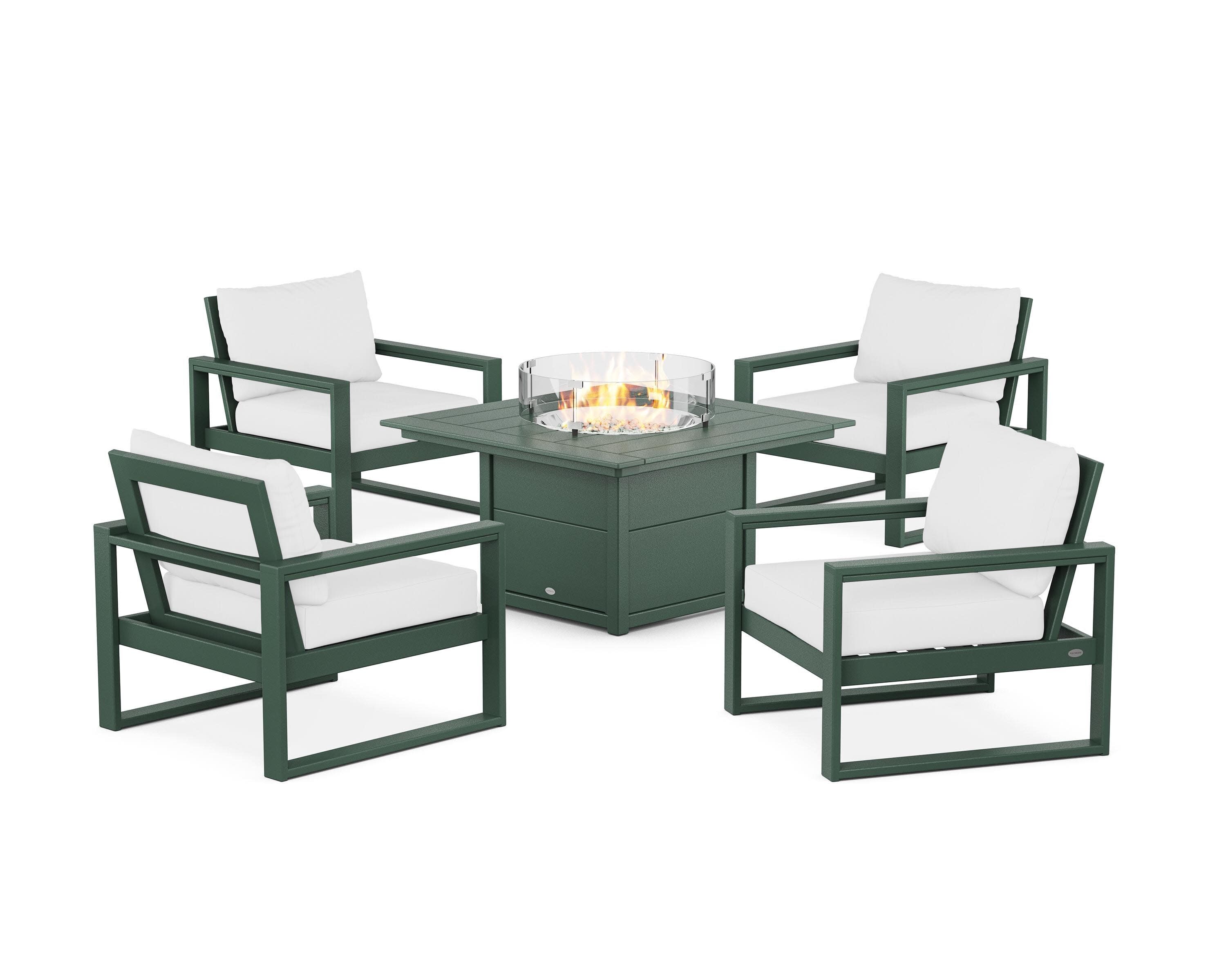 EDGE Sectional 5-Piece Deep Seating Set with Fire Pit Table in Green / Natural