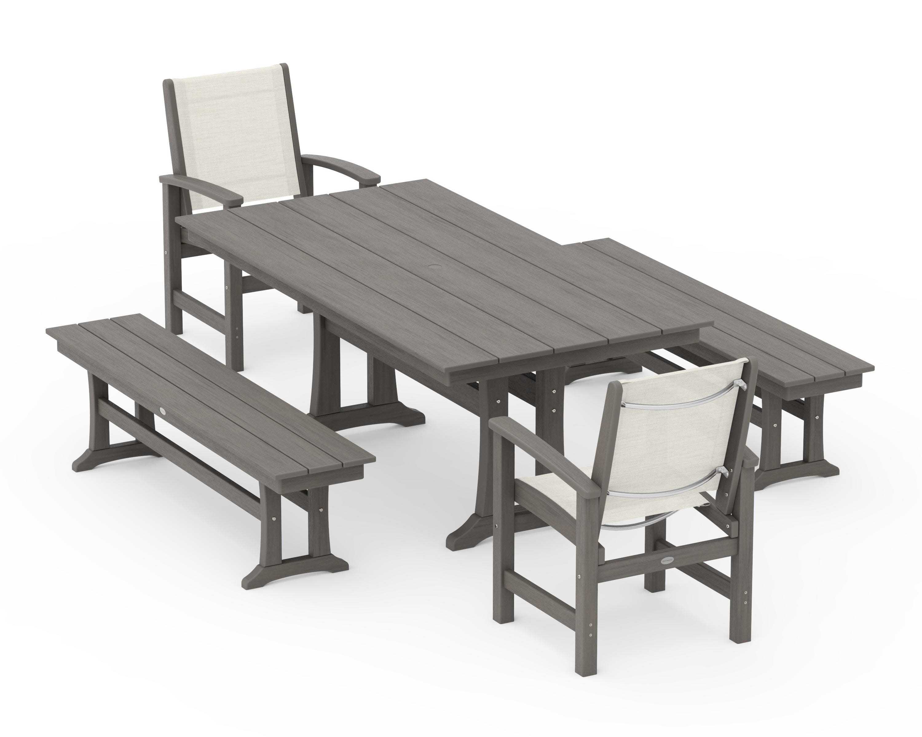 Coastal 5-Piece Farmhouse Dining Set with Trestle Legs and Benches in Driftwood / Parchment Sling