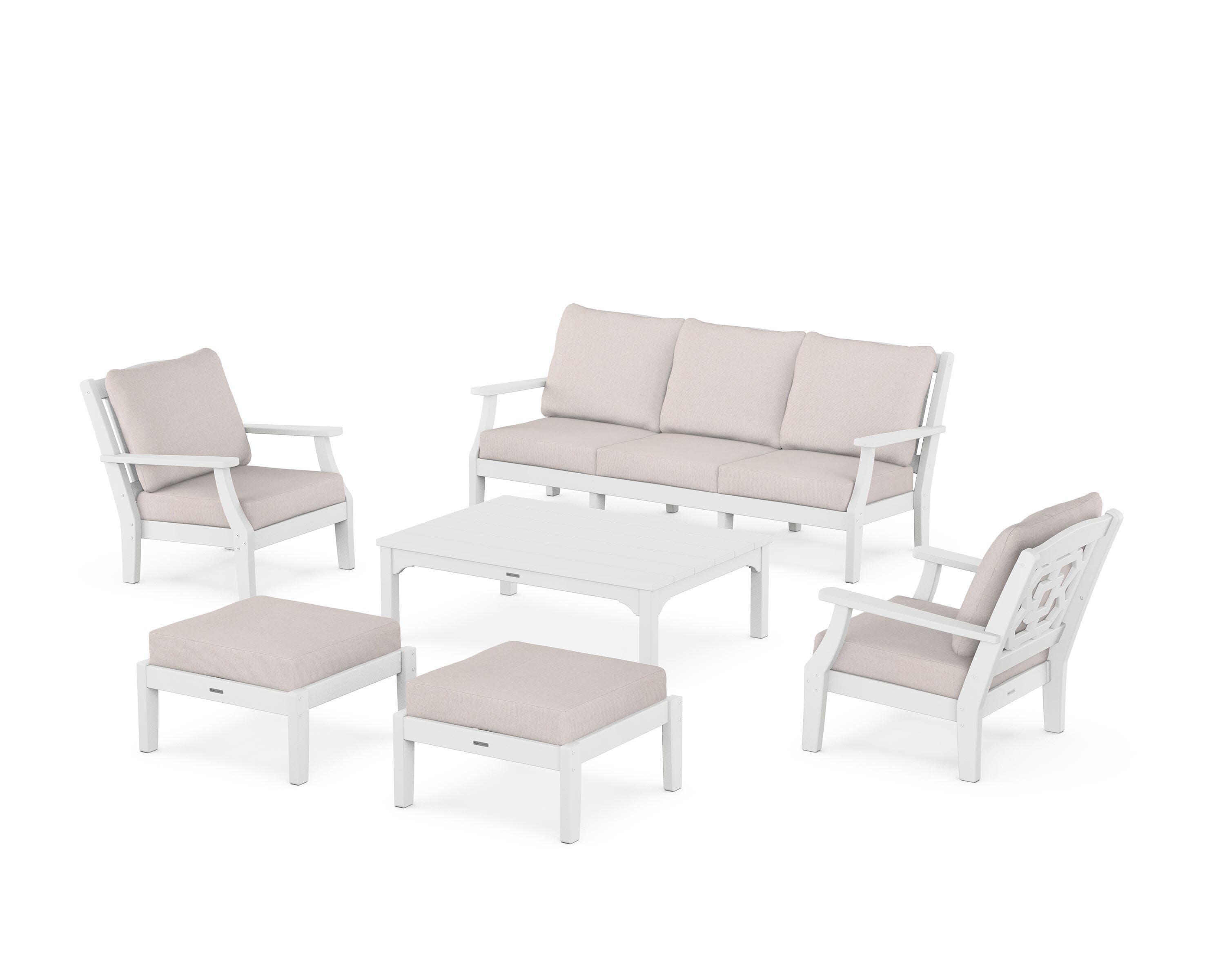 Chinoiserie 6-Piece Lounge Sofa Set in White / Dune Burlap
